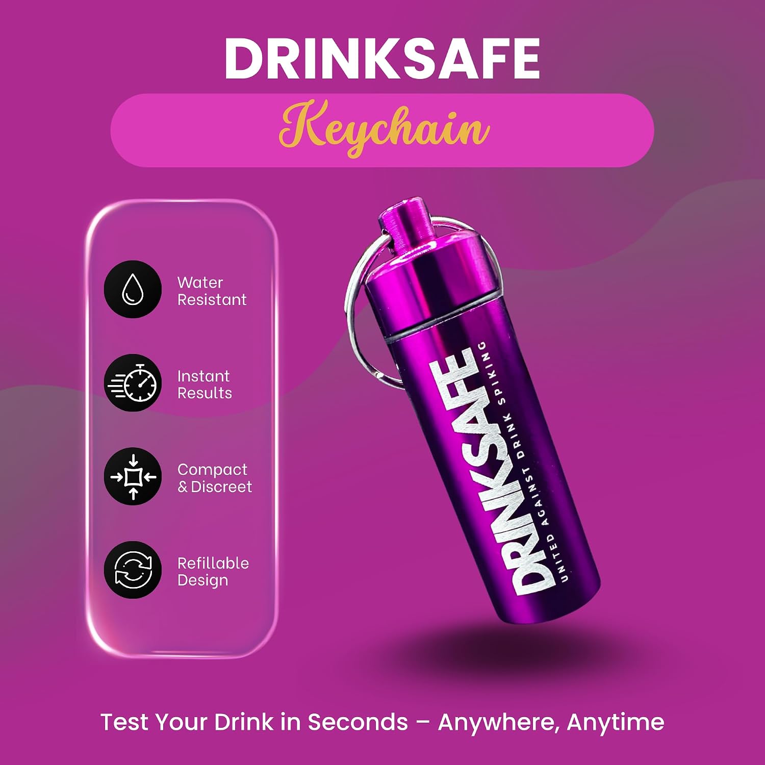 Drink Safe Keychain – 3 Drink Spiking Test Strips in Waterproof Case – Portable Beverage Test Kit for Instant Results