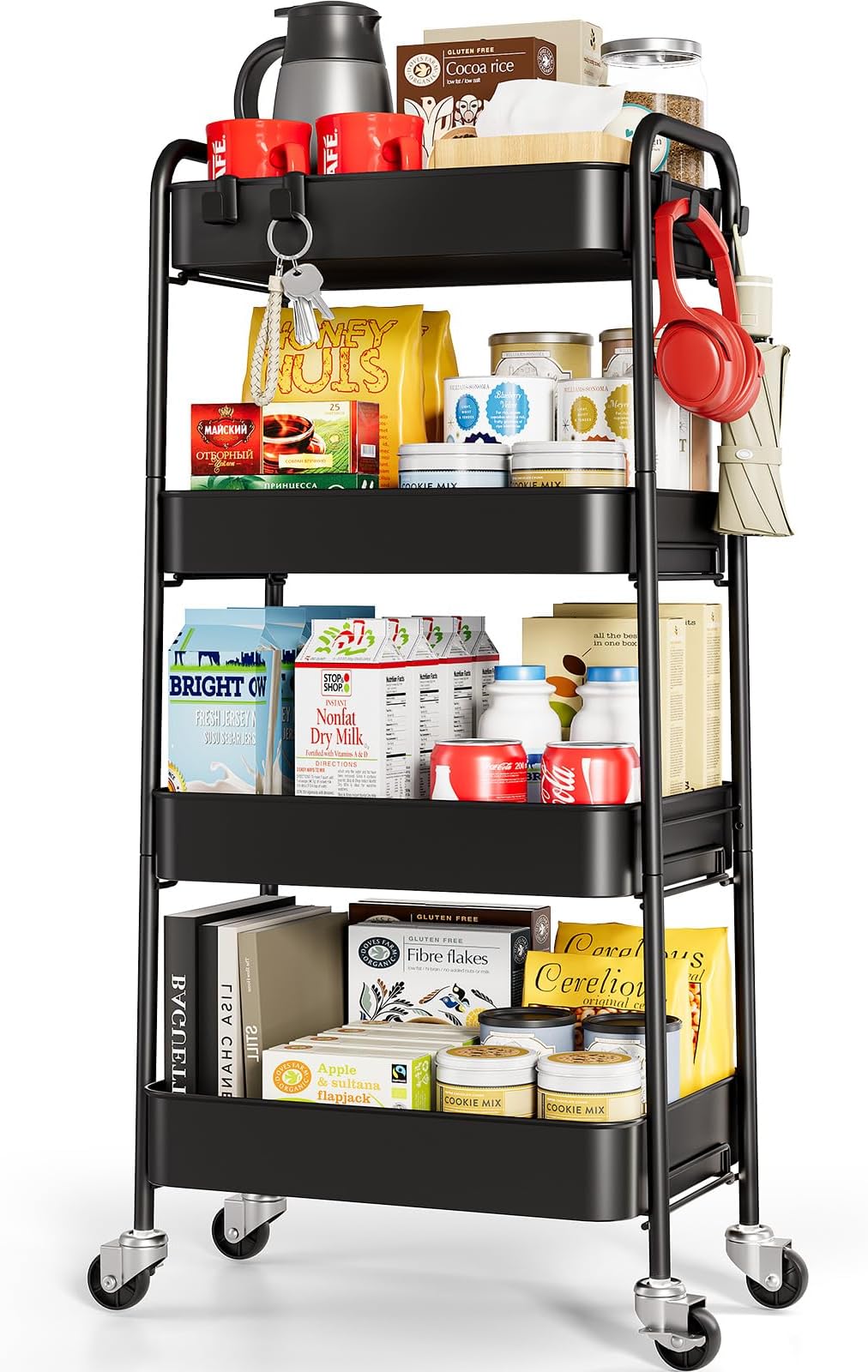 TOOLF Rolling Storage Cart, 4 Tier Metal Utility Cart with Wheels & Hooks, Craft Art Esthetician Organizer, Easy Assembly Cart for Office Bathroom Kitchen Kids' Room Classroom Black