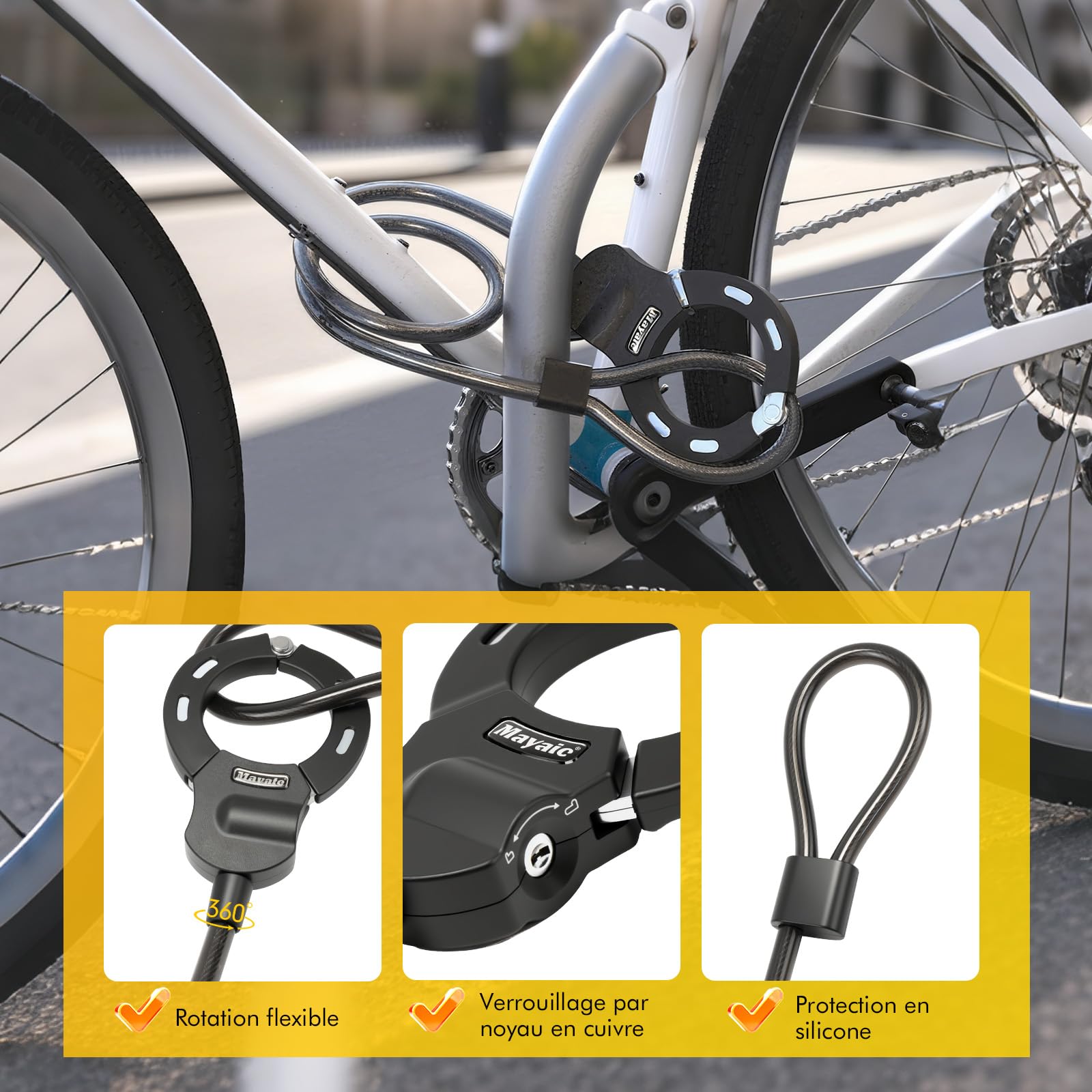 Antivol Trotinette Electrique,iWarmbase 120 CM Antivol Velo, Câble Antivol à Clef avec Menotte, Cadenas Trottinette Électrique pour Trottinette Électrique/Vélo/Moto