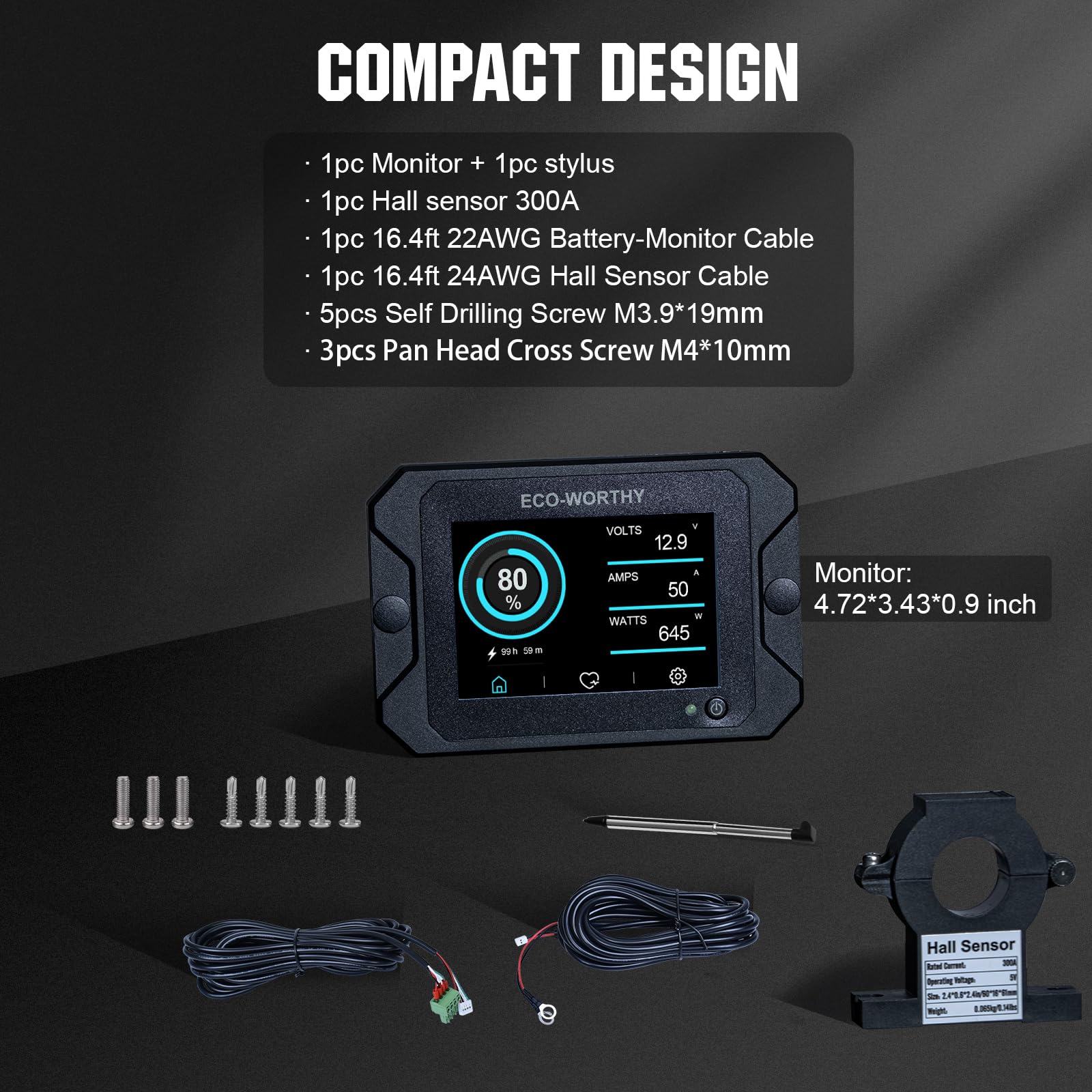 ECO-WORTHY Monitor per batteria 300A con sensore Hall, Monitor batteria 9-80V per batterie Li-ion/LiFePO4/AGM/Gel in sistema solare/carrello/camper