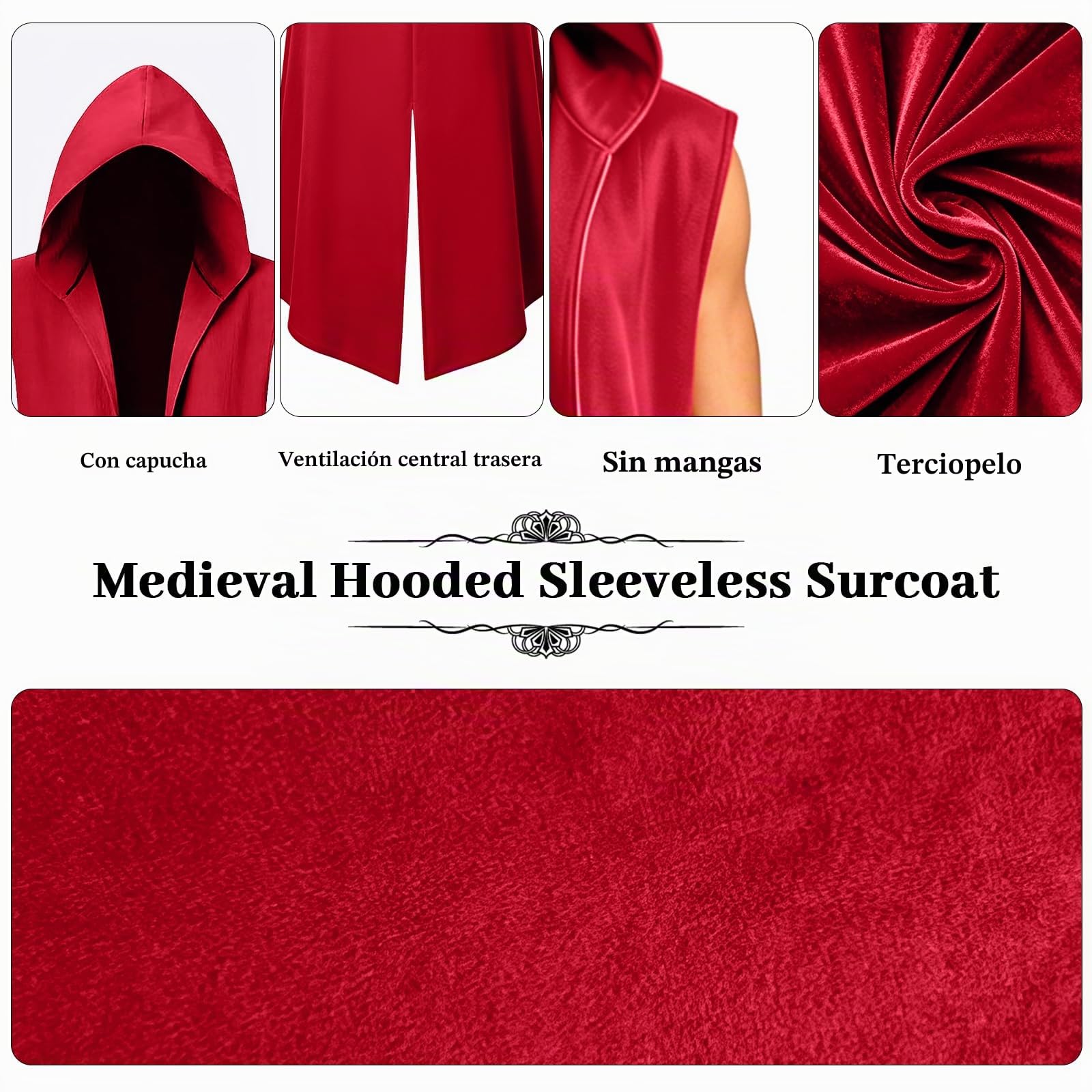 Abrigo renacentista con capucha para hombre, medieval, frente abierto, sin mangas, túnica de caballero para Halloween