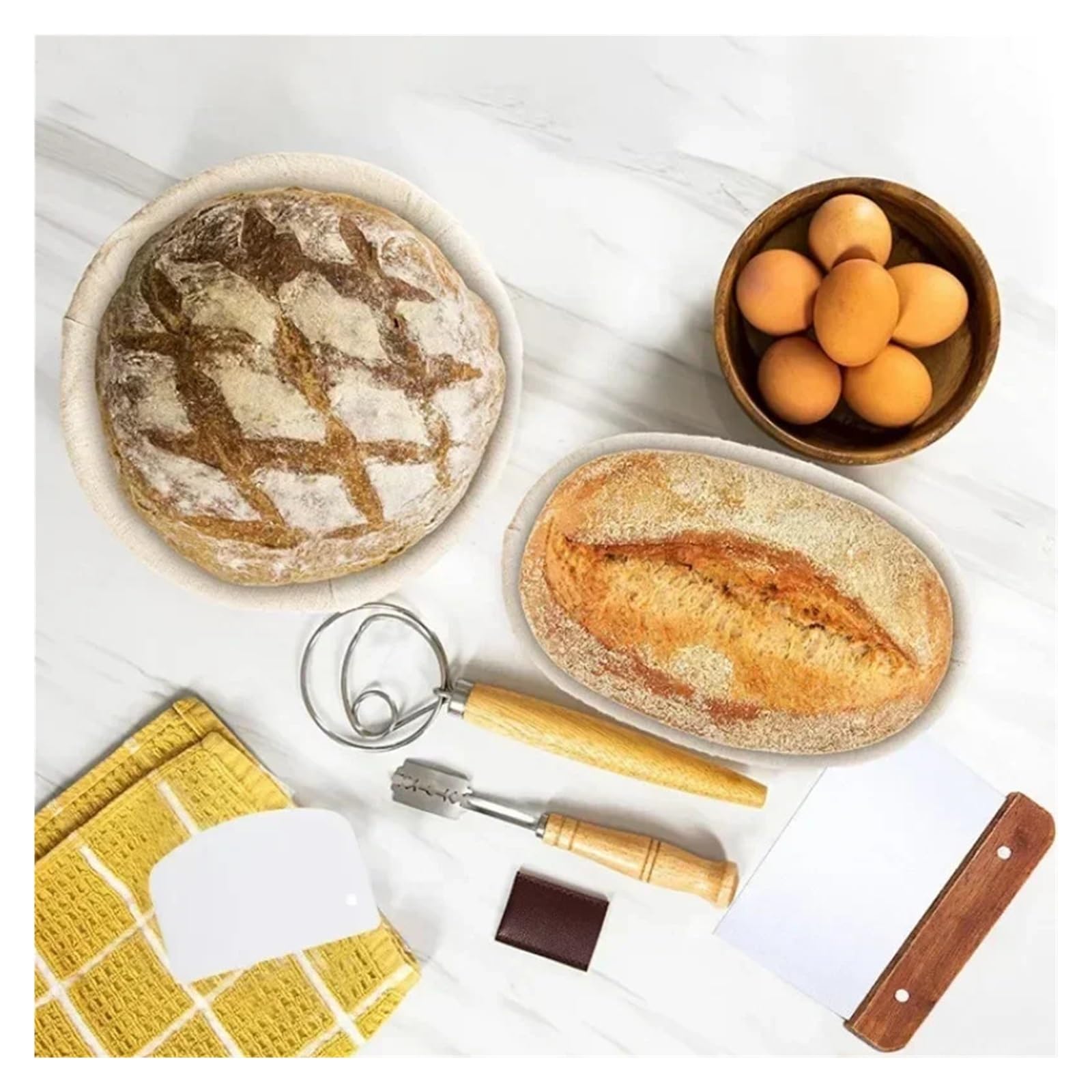 Miska do wyrastania ciasta Zestaw startowy: okrągły kosz fermentacyjny, skrobak, mikser do pieczenia, krajalnica, trzepaczka do chleba(14 pieces)