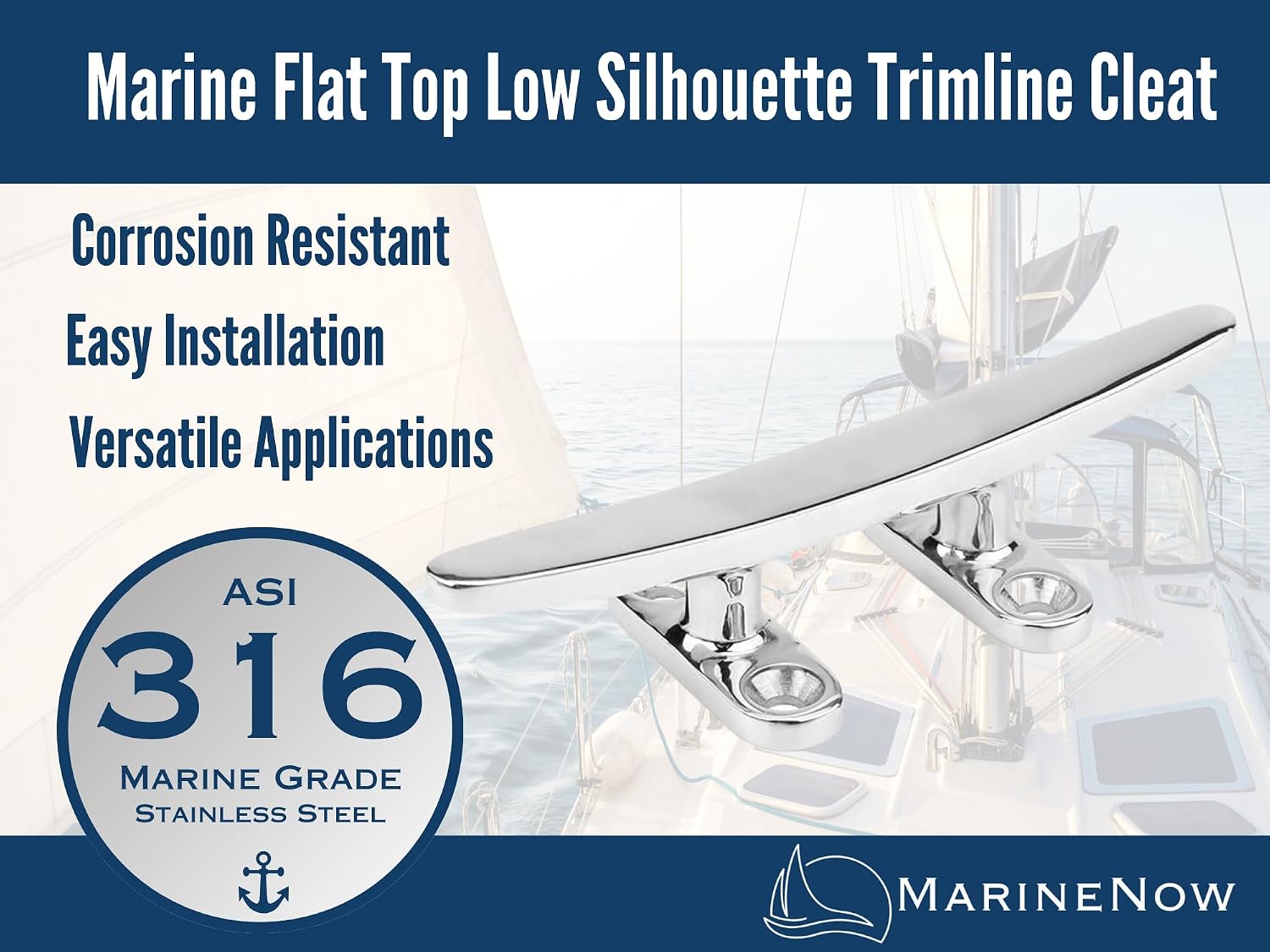 Flat Top Low Silhouette Trimline Cleat – Heavy Duty 316 Stainless Steel – Marine Grade Dock Cleat for Boats, Sailboats, Piers & Marinas – Corrosion-Resistant with Mounting Hardware