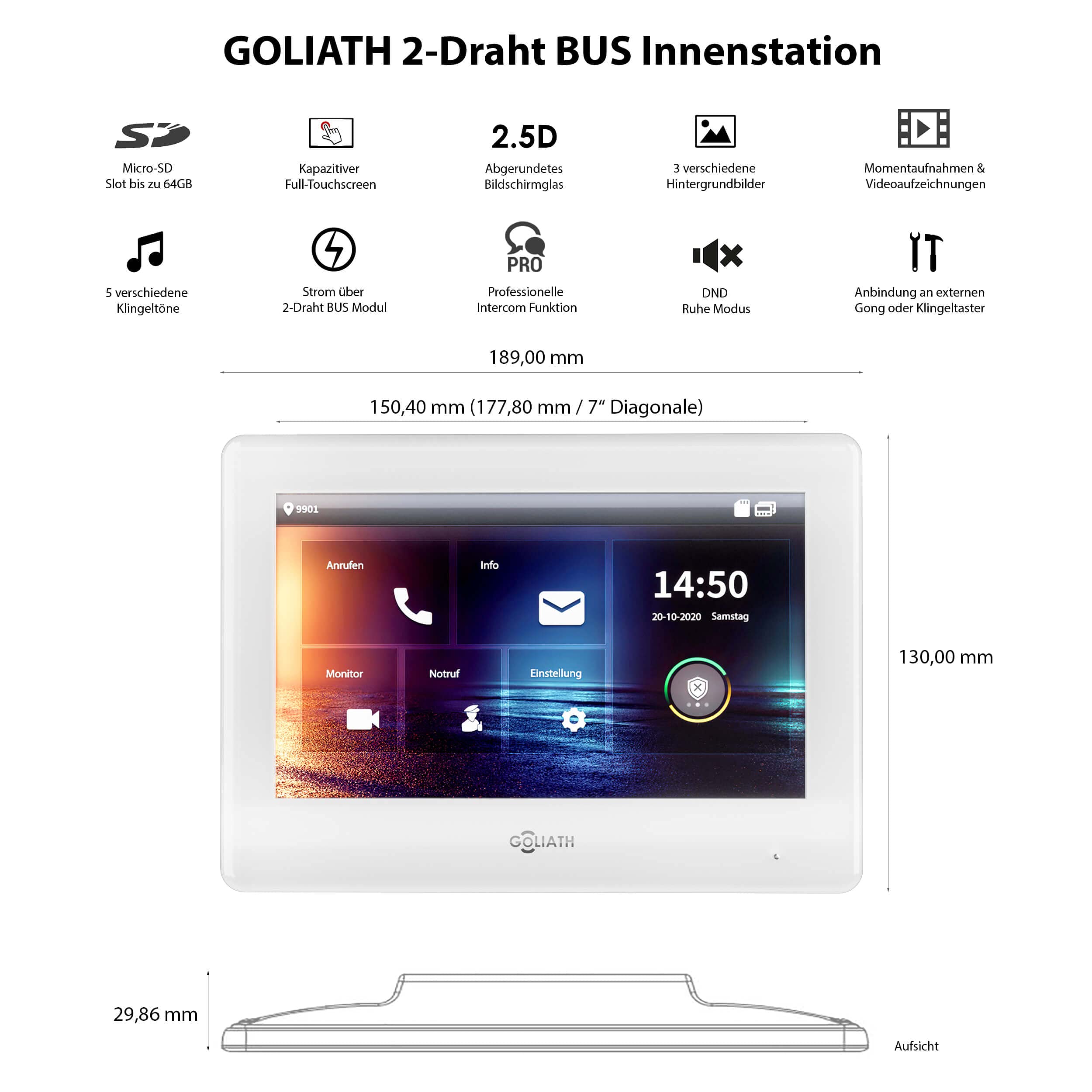 Goliath Hybrid | 2-Draht Bus | Full-HD Video Türsprechanlage | App | 1-Fam | 1 x Full-Touchscreen 17,78 cm (7") | Aluminium Unterputz Türstation | 180° Ultra-Weitwinkel | AV-BUS-104