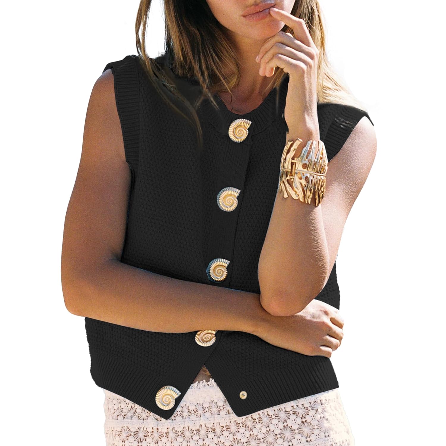 Hixiaohe Casual Cropped Knit Vest for Women Button Down Open Front Crew Neck Sleeveless Sweater Trendy Tank Tops
