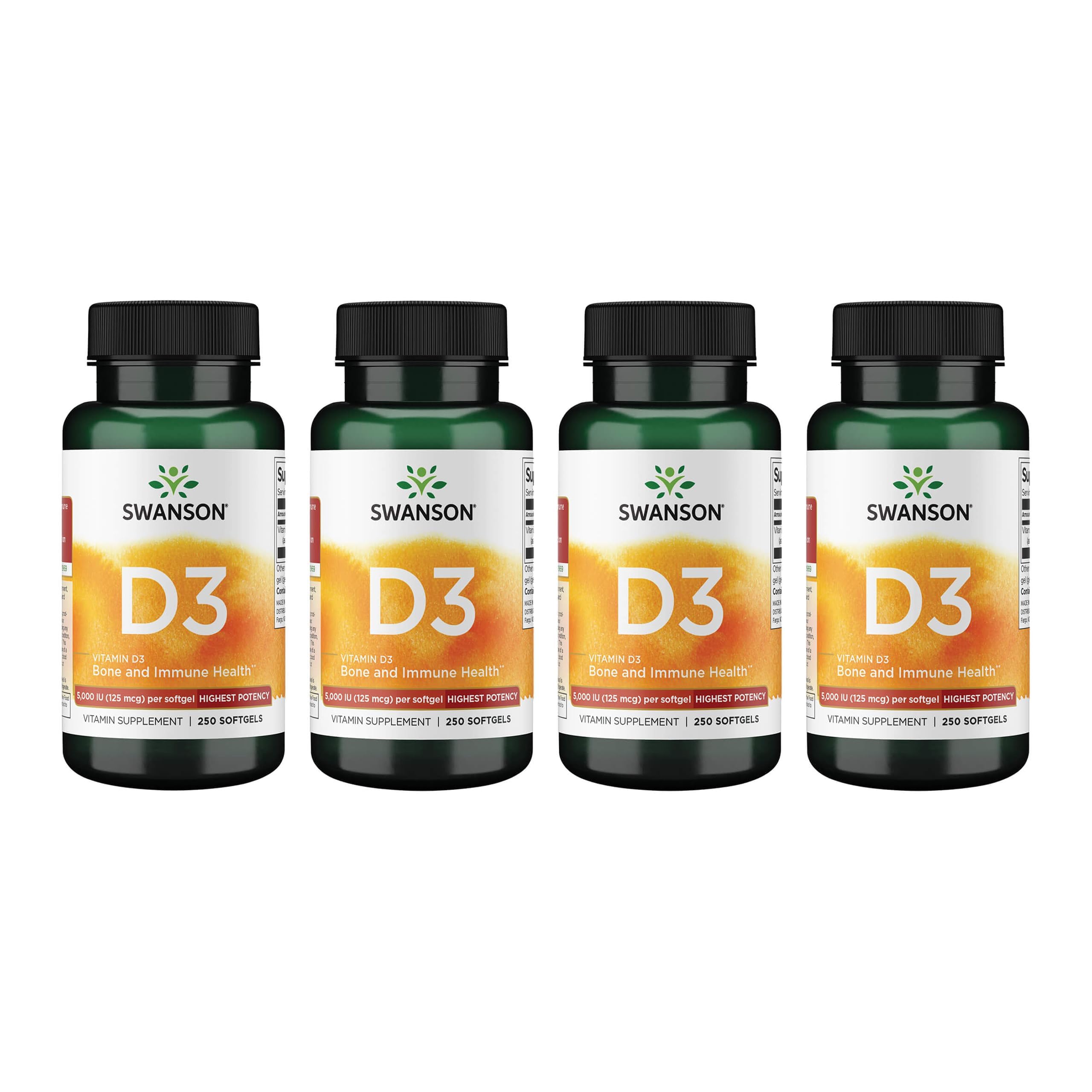Swanson Vitamin D3 5000 IU Softgels, Cholecalciferol, 125 mcg (250 Count) 250 Count (Pack of 4)