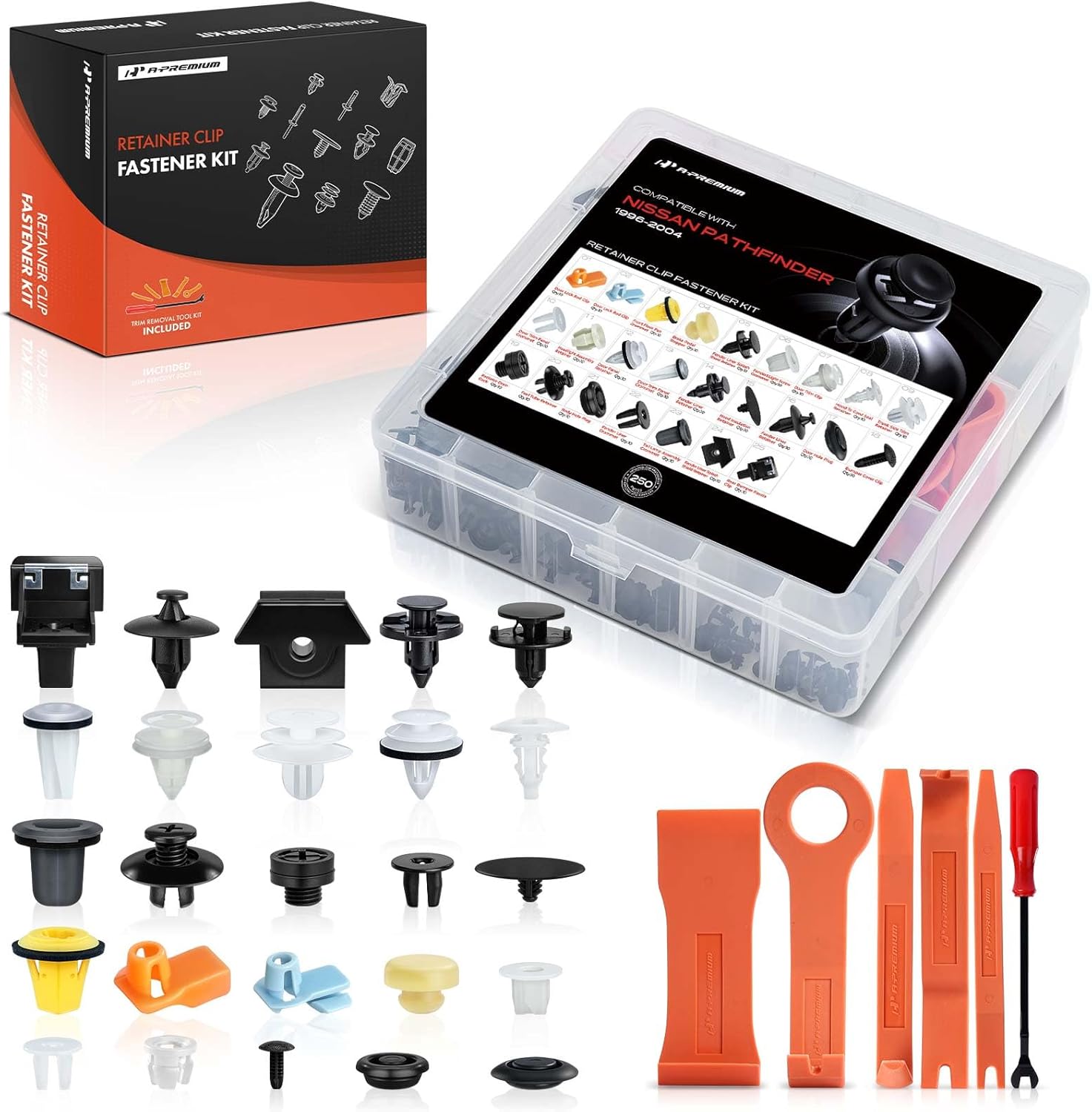 A-Premium 250PCS Bumper Retainer Clips Plastic Rivets Push Retainer Kit 25 Sizes 47.52oz Door Trim Panel Fender Hood Clips Compatible with Nissan Pathfinder 1996-2004, w/Removal Tool