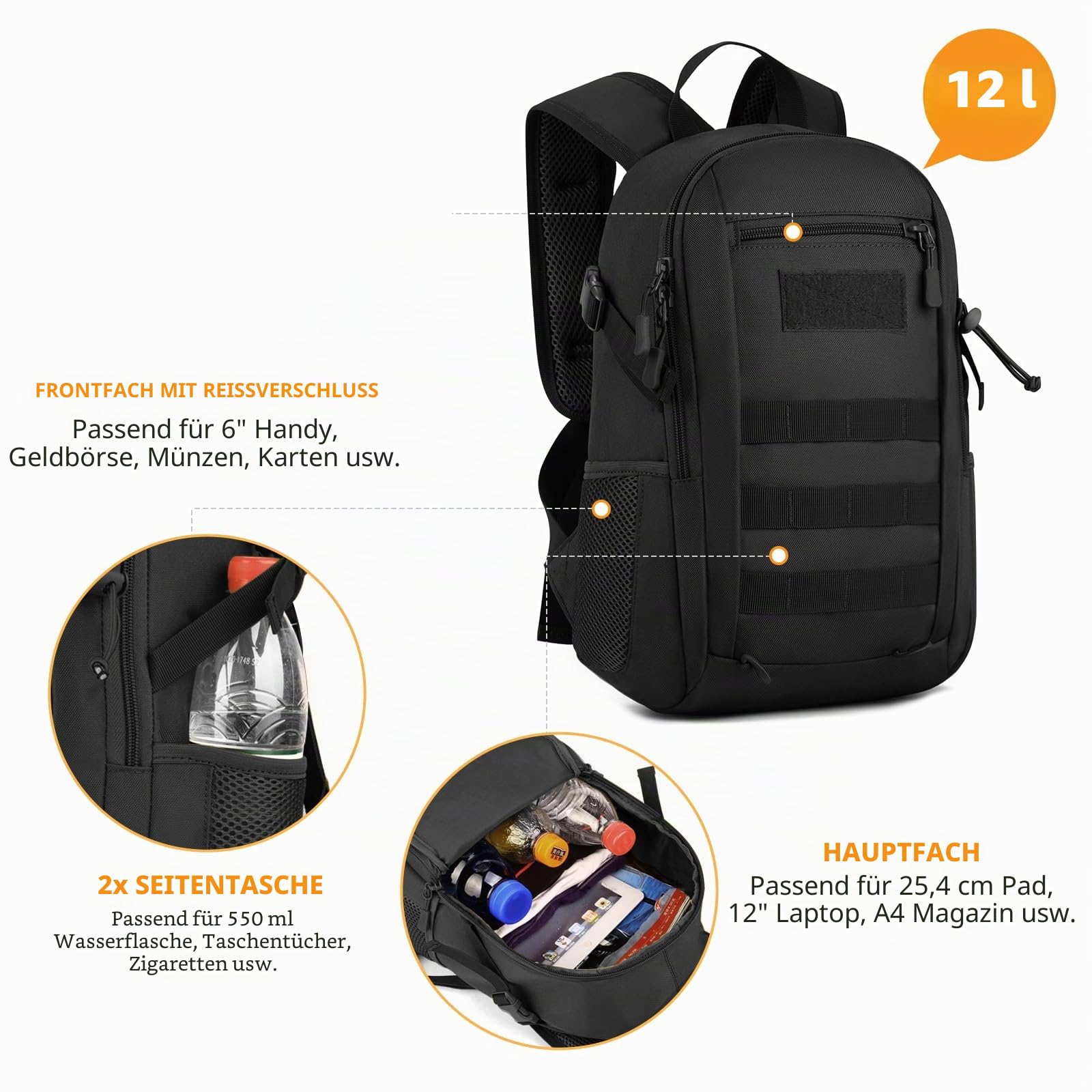 HUNTVP 12L/ 15L/ 20L/ 30L Mini Rucksack Taktisch Wanderrucksack Molle Schultasche Daypack Militärisch Schulrucksack Studenttasche Unitasche Sporttasche Laptoptasche für Outdoor Sport