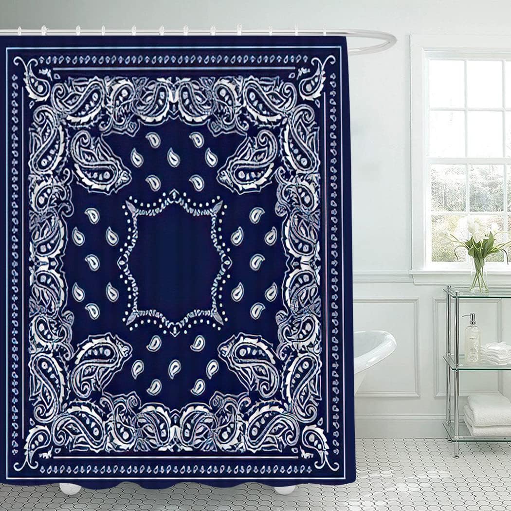 4 Piece Western Shower Curtain Waterproof White and Blue Geometric Line White Bandana Bathroom Sets with Non-Slip Rugs, Toilet Lid Cover and Bath Mat with Standard Size