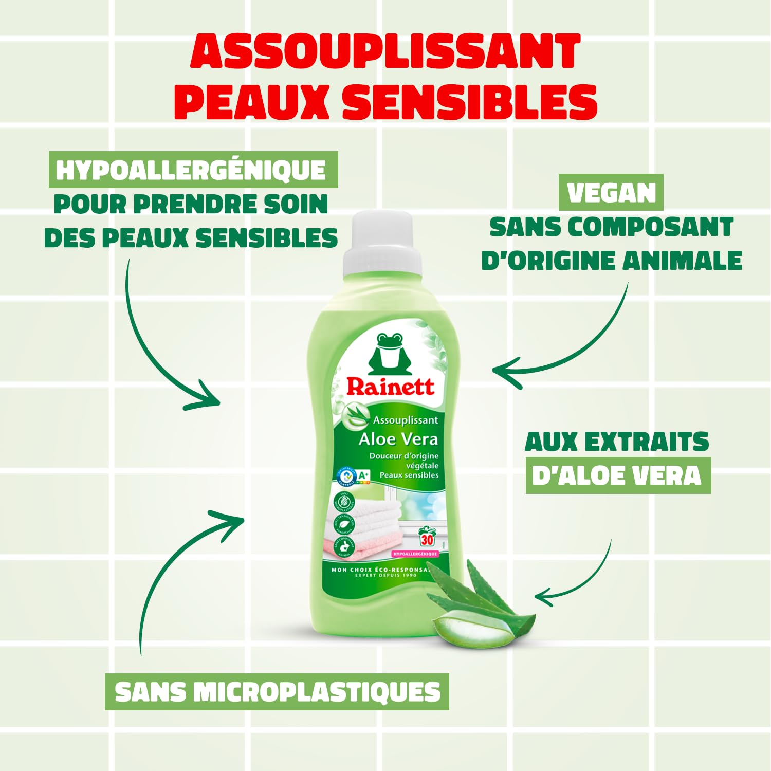 RAINETT - Assouplissant Hypoallergénique - Convient aux Peaux Sensibles - À l'Aloe Vera - Flacon Recyclé & Recyclable - Air Label Score A - 30 Lavages - 750 ml