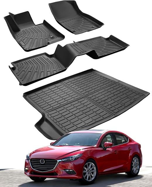 Floor Mats for Mazda 3 Sedan (Not for Hatchback): 2014 2015 2016 2017 2018 | Custom Fit, All Weather Protection TPE Floor Liners,1st & 2nd Row Sedan Trunk Mat Full Set Black Interior Accessories