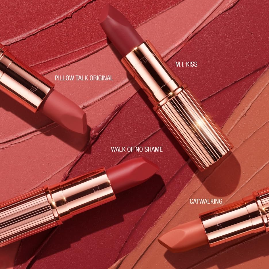 Charlotte Tilbury Hot Lips Lipstick Trio Gift Set - 3 Full-Size Matte Revolution Lipsticks with Iconic Hot Lips Makeup Bag - Holiday Beauty Gift Set with Red Carpet Red, Pillow Talk & M.I. Kiss