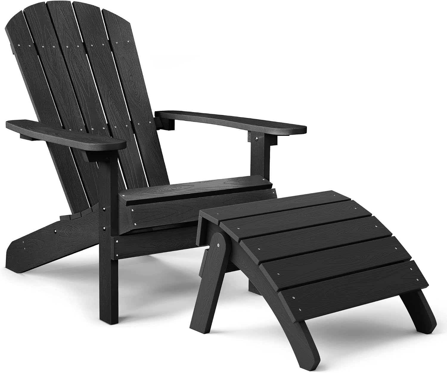 YEFU Adirondack Chair and Otooman Plastic Weather Resistant, Patio Chairs & Patio Foot Rest, Folding Adirondack Footstool for Outdoor, Outside, Garden, Campfire Chairs (Black)