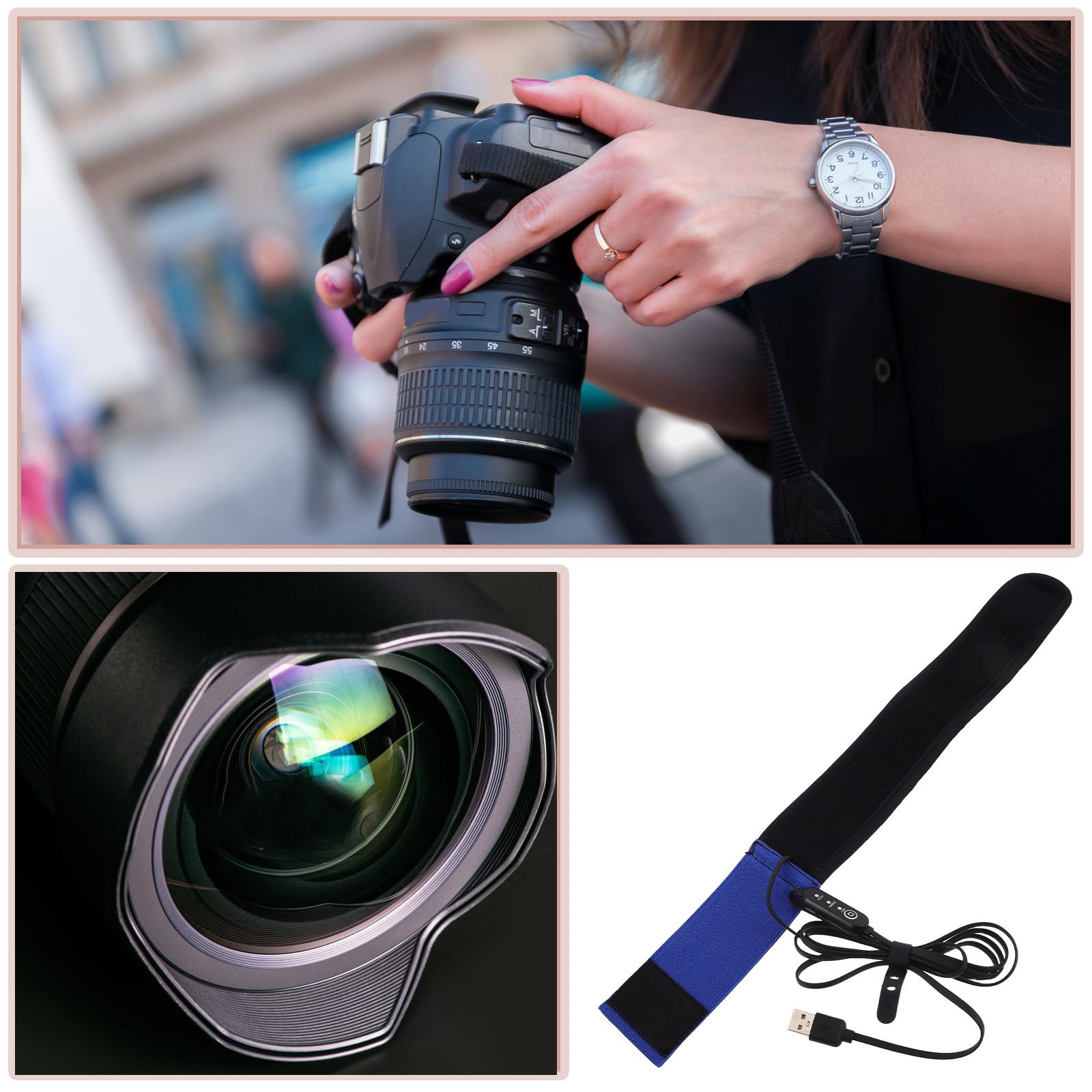 Chauffe-Objectif USB Portable pour Appareil Photo et Télescope avec Protection la Condensation, Tissu et Plastique, Réglage 3 Niveaux pour Photographie en Extérieur et Astronomie