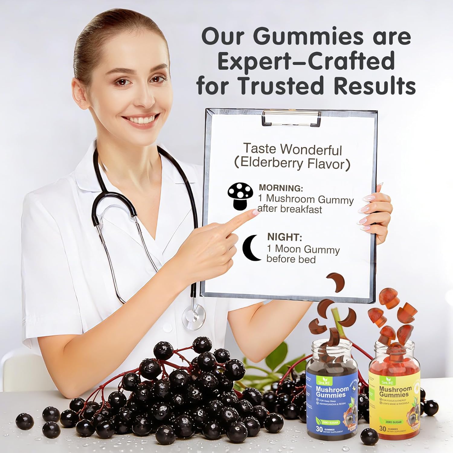 Simlike Mushroom Gummies Supplement for Sleep and Energy with Ashwagandha & Lion's Mane, Day & Night Routine,Elderberry Flavor, No Sugar (30-Day Supply)