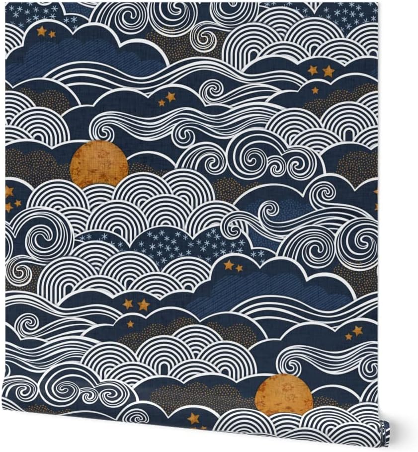 Spoonflower Peel & Stick Wallpaper 9ft x 2ft - Night Sky Moon Stars Clouds Blue Indigo Mustard Custom Removable Wallpaper