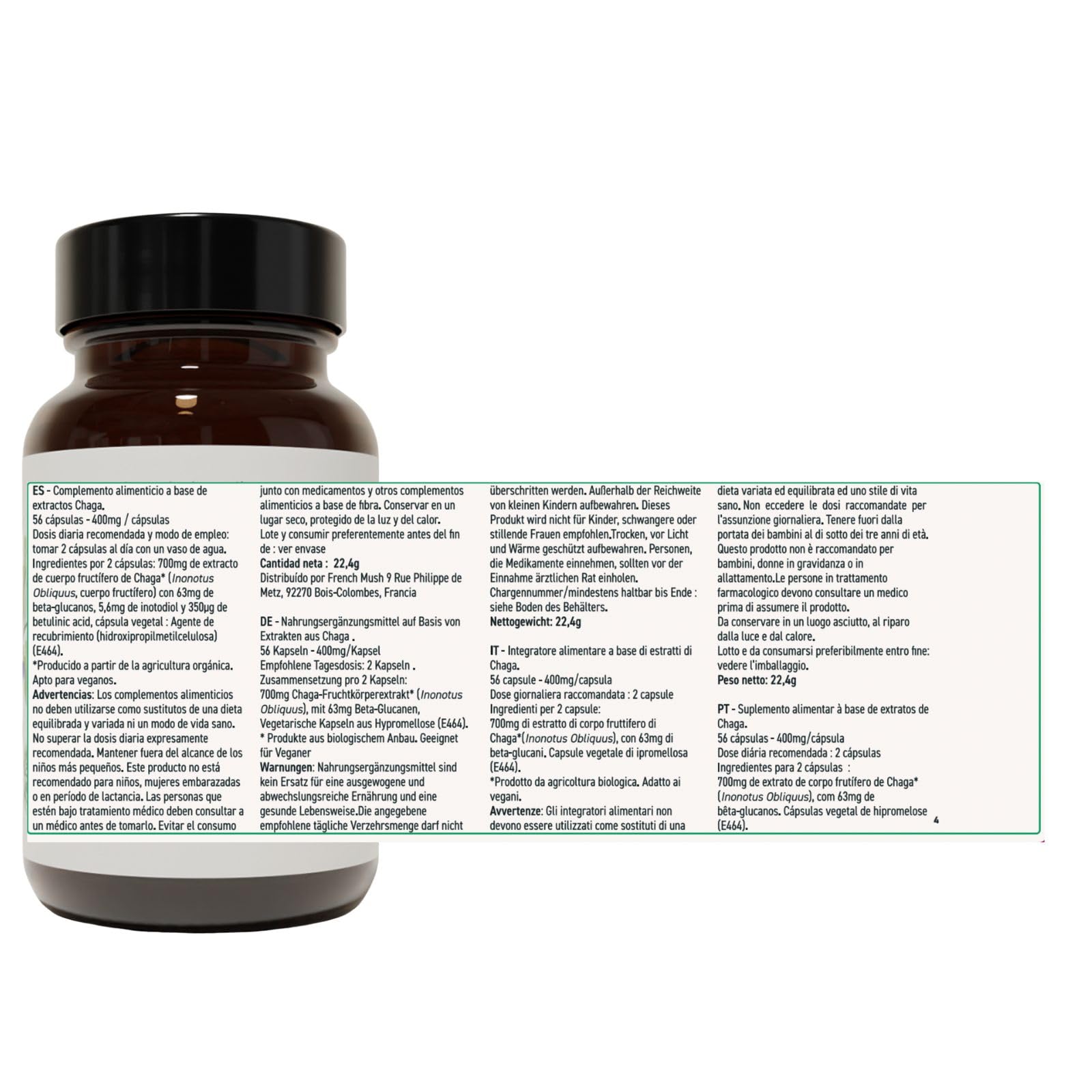French Mush Funghi Chaga Bio Capsule 8000 mg - Superalimento Antiossidante - Complesso di Funghi Chaga Ricco di Vitamine B, D e K - Fungo Adattogeno - Testato in Laboratorio (56 capsule)