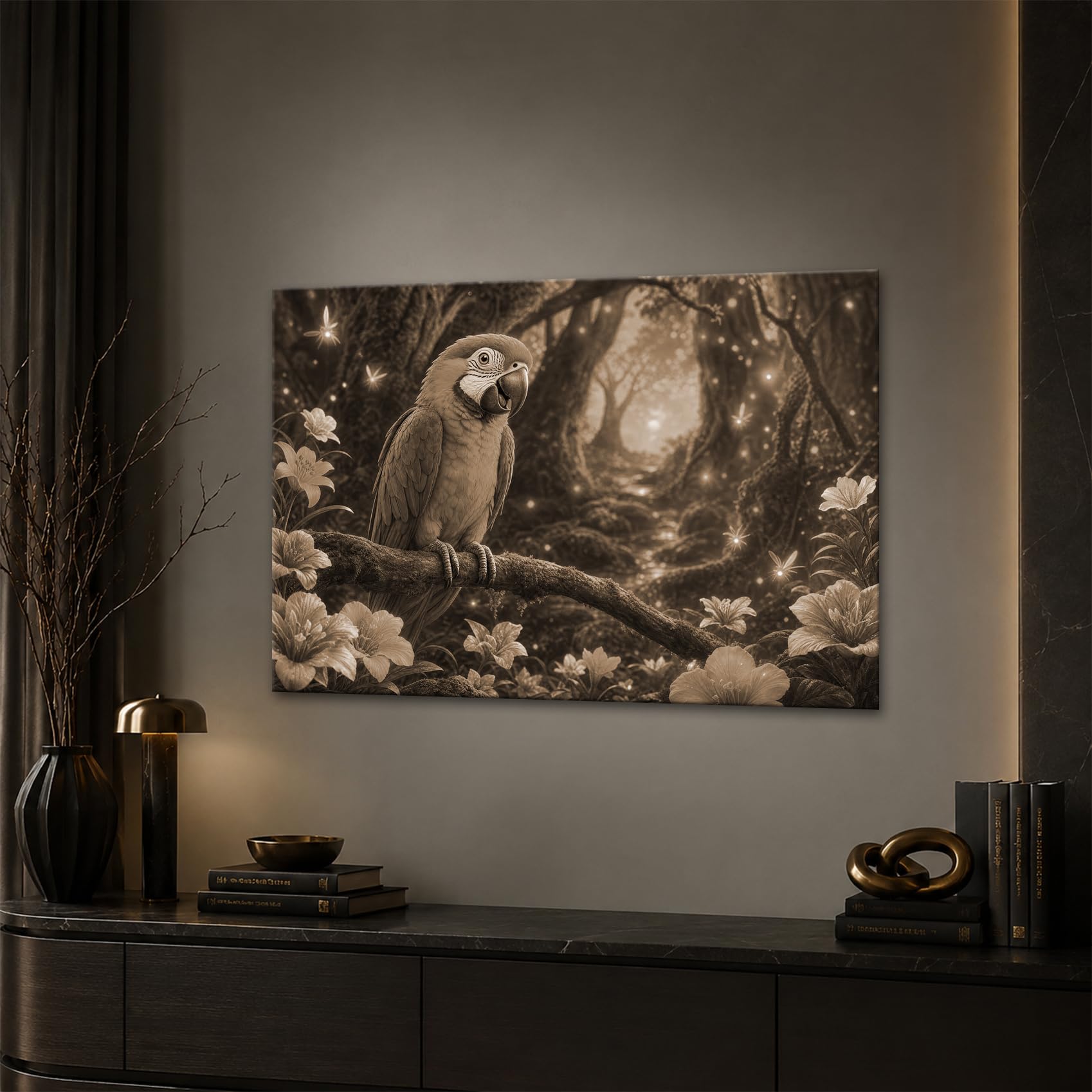 deyoli Obraz na płótnie Kolorowa papuga na drzewie w zaczarowanym lesie 100 x 70 cm Sepia | Format poziomy, jednoczęściowy druk artystyczny XXL, obraz na blejtramie, obraz na płótnie, obraz ścienny, dekoracja salonu