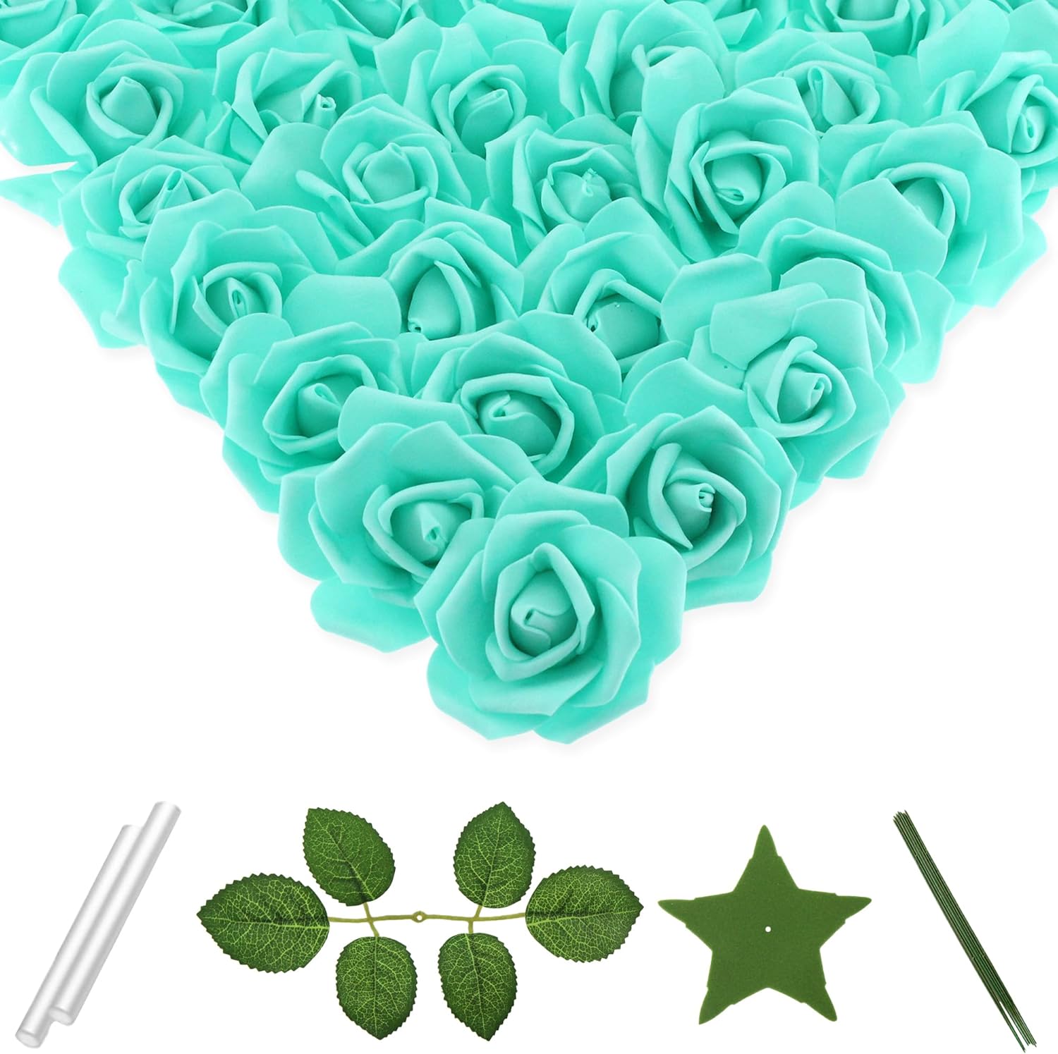 100 Pcs 3 Inch Artificial Flowers Bulk 5 in 1 Set Faux Foam Fake Rose Head Wedding Decoration Bridal Shower Centerpiece Arrangement Wall Table Decor DIY Craft (Teal Green)