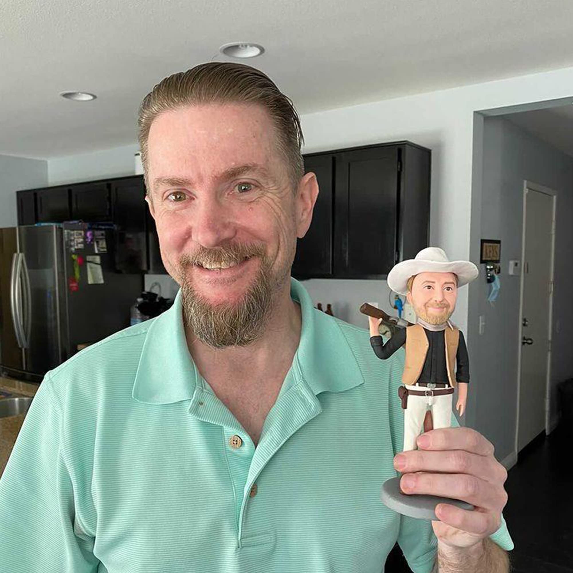 Figurine su Misura Bobble-Heads Uomo in Abito Blu, Bambole Personalizzate, Statuette da 6 Pollici con Testa a Molla, Regalo di Compleanno Fatto a Mano per Papà