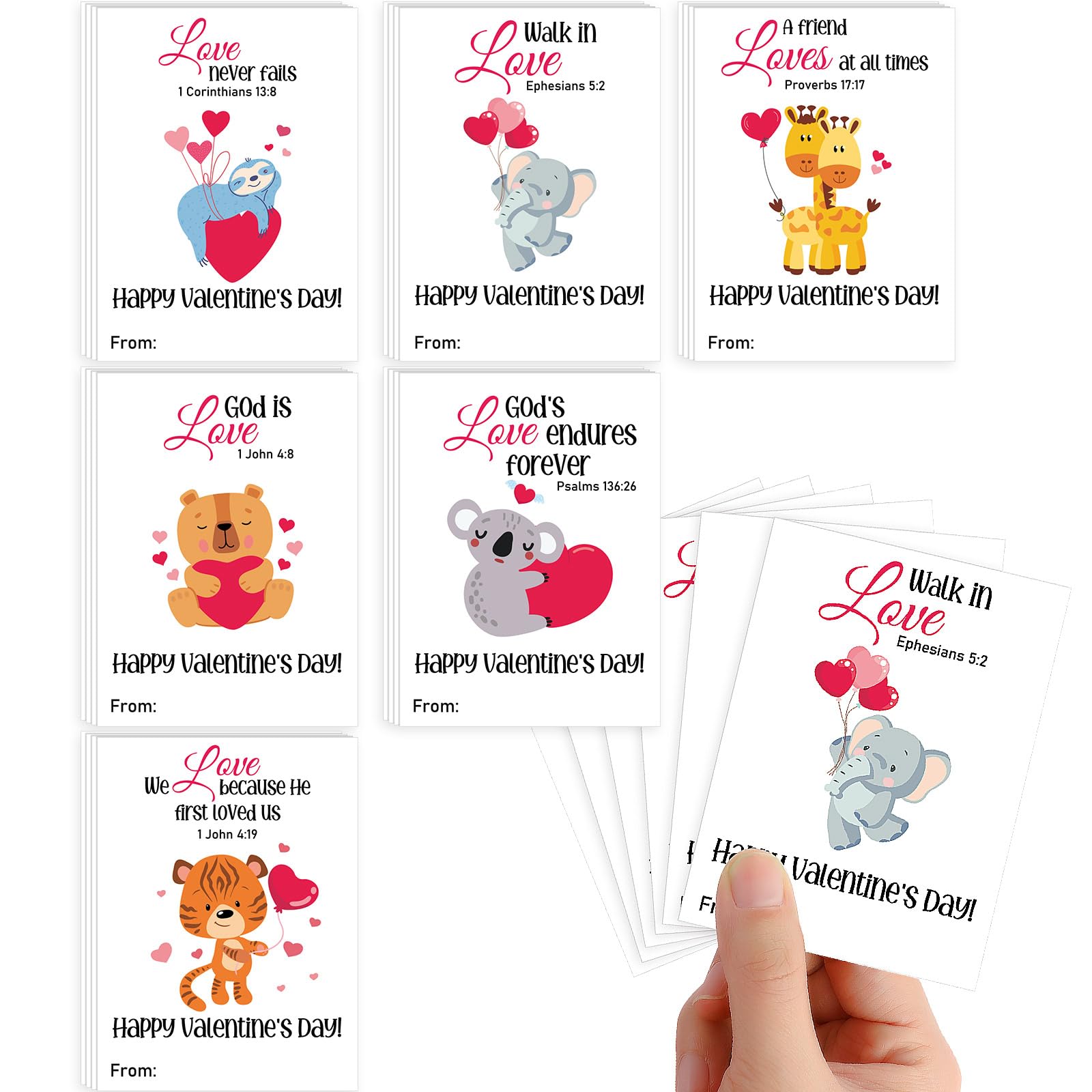 60 Pcs Mini Valentines Bible Verse Cards Inspirational Religious Greeting Cards Hearts with Love Animal Christian Valentine Gifts for Adult Kids VBS Sunday School, 2.75'' x 3.75''