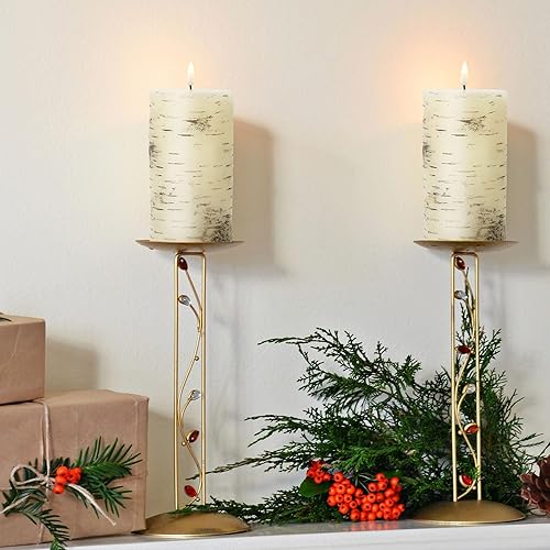 Miniatura 6 de Eywamage Velas de pilar sin llama de madera de abedul con control remoto, velas de cera LED parpadeantes, juego de 3, velas decorativas de otoño de