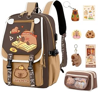 Capybara Backpack with 11-Piece Gift Set (Plush Keychain, Badges, Stickers) Cute Laptop School Bag for Travel & College (Brown 02)