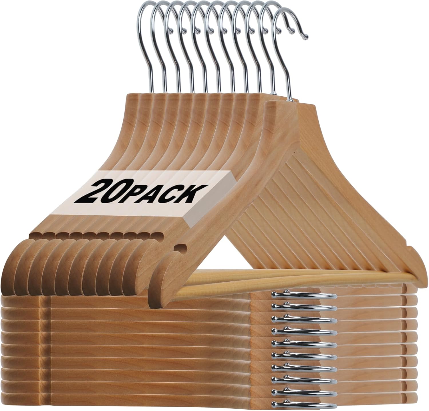 20-Pack Schima superba Hangers, Wooden Hanger, Heavy-Duty Wooden Hanger with Precisely Cut Grooves, Hangers for Shirts, Suits, Dresses