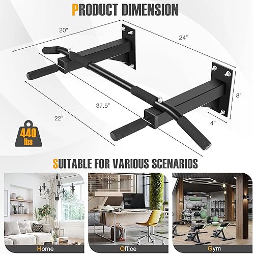 Miniatura 6 de GYMAX Barra de dominadas, barra de dominadas montada en la pared de 440 libras con 3 posiciones de agarre, estación de barra de entrenamiento de