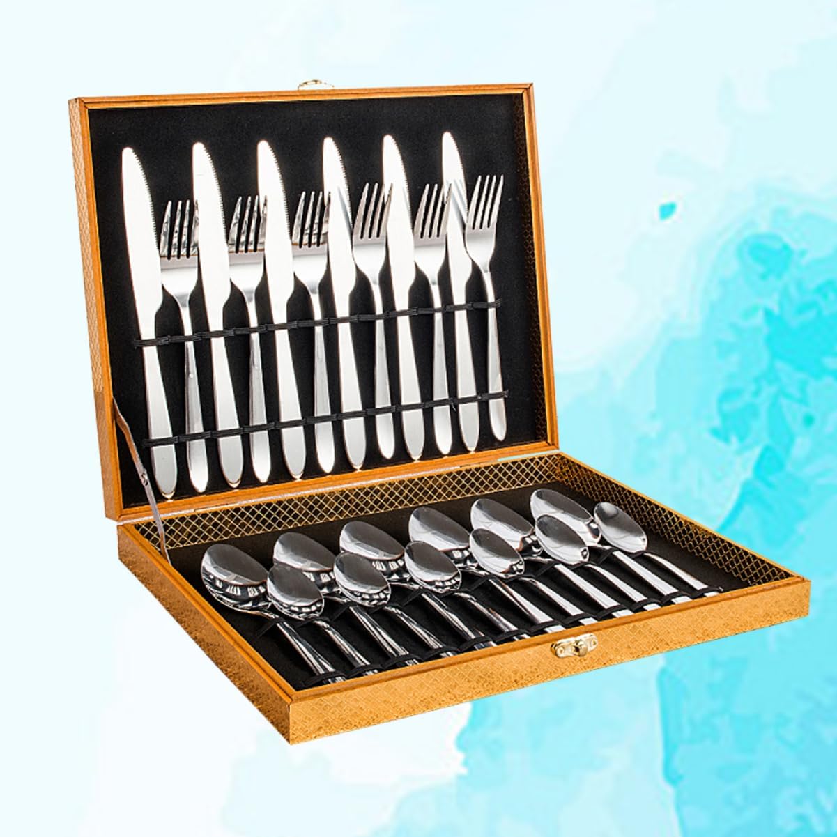 Unomor 24set Stainless Steel Dinnerware Golden Wooden Packaging Elegant Cutlery for Home Restaurant and Outdoor Use Dishwasher Safe for Weddings and Housewarming