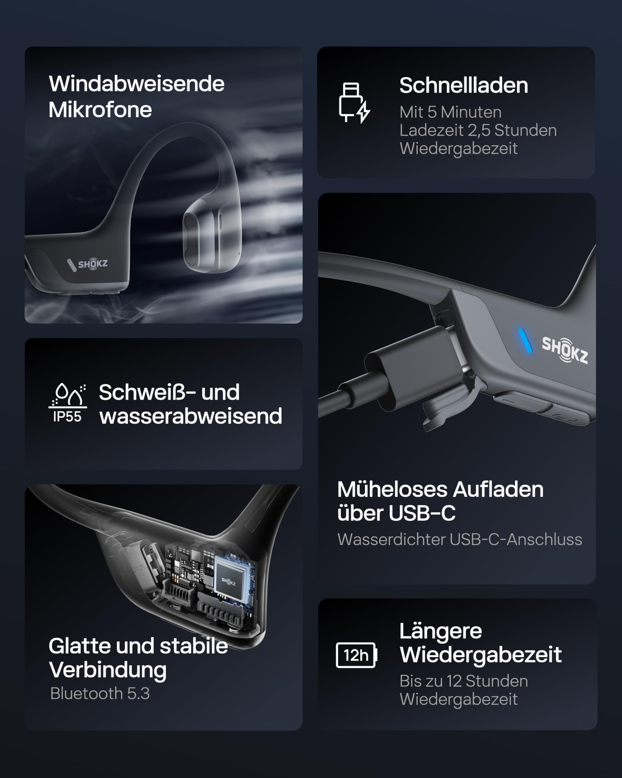 SHOKZ OpenRun Pro 2 Knochenschall Sportkopfhörer, Open-Ear Bluetooth 5.3, IP55 wasserdicht, 12 Std. Wiedergabe
