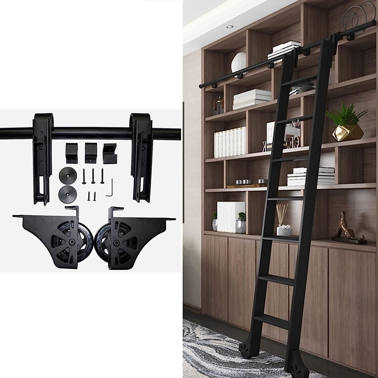 Rolling Library Sliding Ladder Hardware Kit - Sliding Barn Door Track Hardware Accessories, Aluminum Alloy Round Tube Mobile Ladder Track Accessories (with Floor Rollers), for Home
