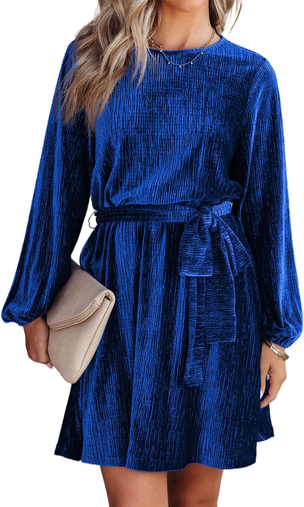 Happy SailedWomen's Velvet Dress Fall Fashion Lantern Sleeve High Waist A-Line Skater Cocktail Party Dresses with Belt