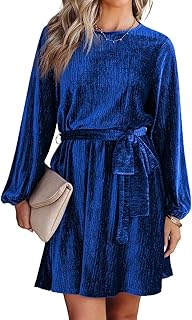 Women's Velvet Dress Fall Fashion Lantern Sleeve High Waist A-Line Skater Cocktail Party Dresses with Belt