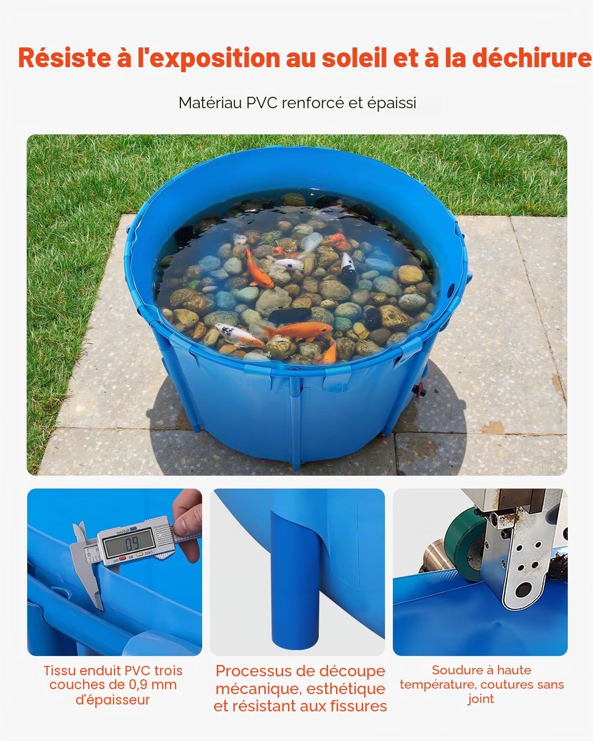 VEVOR Bassin à Poissons Hors Sol, Capacité 1700 L, Étang à Poissons en Toile PVC, avec Cadre Stable en Plastique et Vanne de Vidange, pour Aquaculture, Élevage de Poissons Rouges, Carpes, Koïs, Bleu