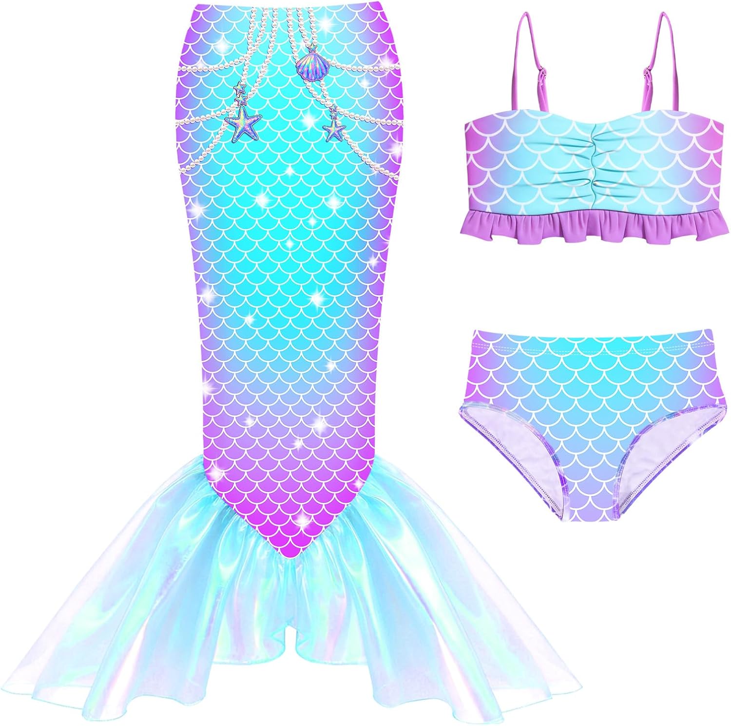 Girls Swimsuit 3 Piece Bathing Suit Adjustable Straps Bikini Sets with Cute Organza Cover Ups Skirt 3-10Y