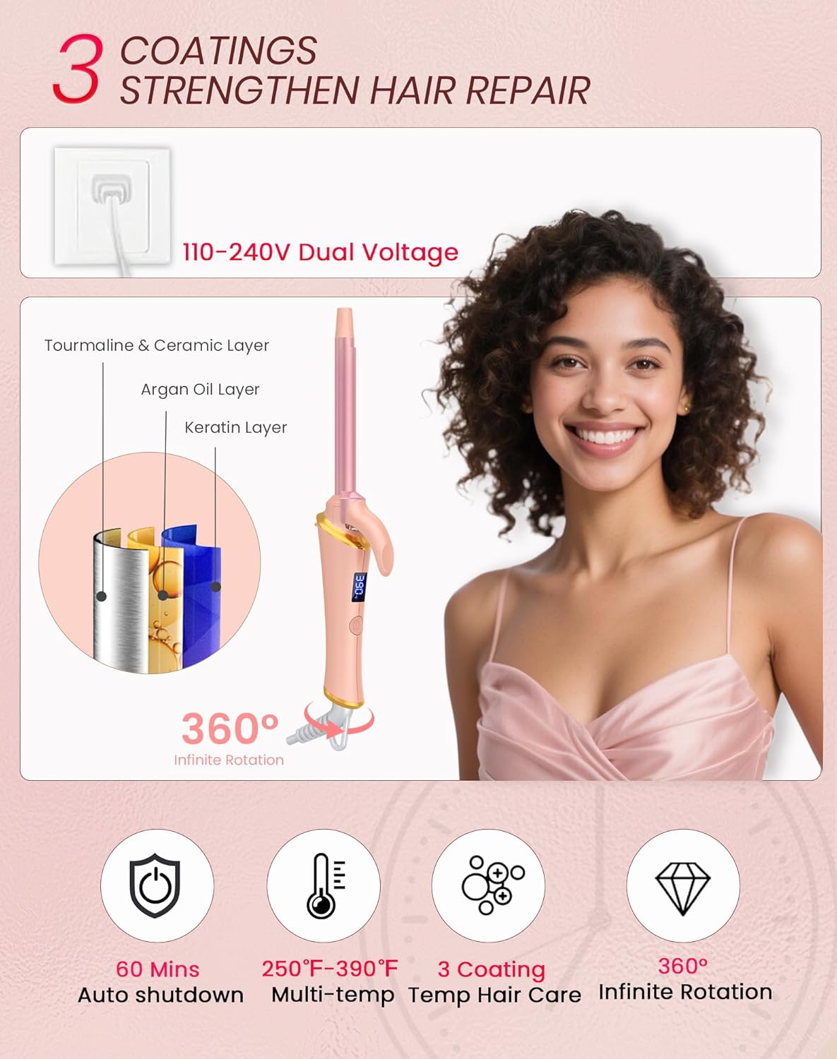 Ukliss Mini Curling Iron for Short Hair, Creates Perfect Tight Ringlets & Bangs, Fast Heat 30s, 5 Temp Settings, Dual Voltage, Auto Shut-Off & Anti-Scald Tip, Travel Friendly (Pink, 1/2 inch) - Image 3