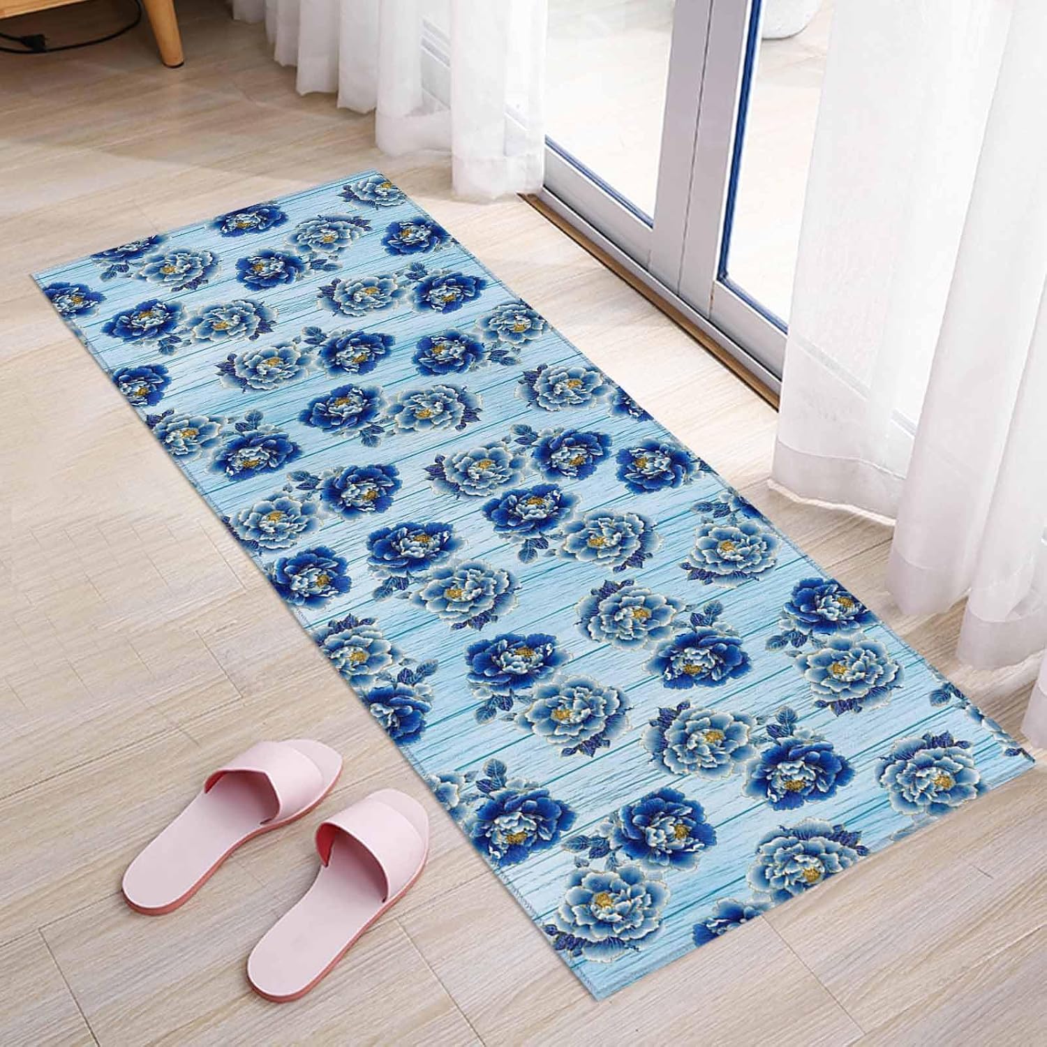 Teamery Kitchen Mats for Floor Country Peony Flower Wood Board Washable Non Slip Kitchen Rugs 1PCS, Blue Gradient Floral Absorbent Standing Mats for Sink Bathroom Office Living Room 23.6x70.9in