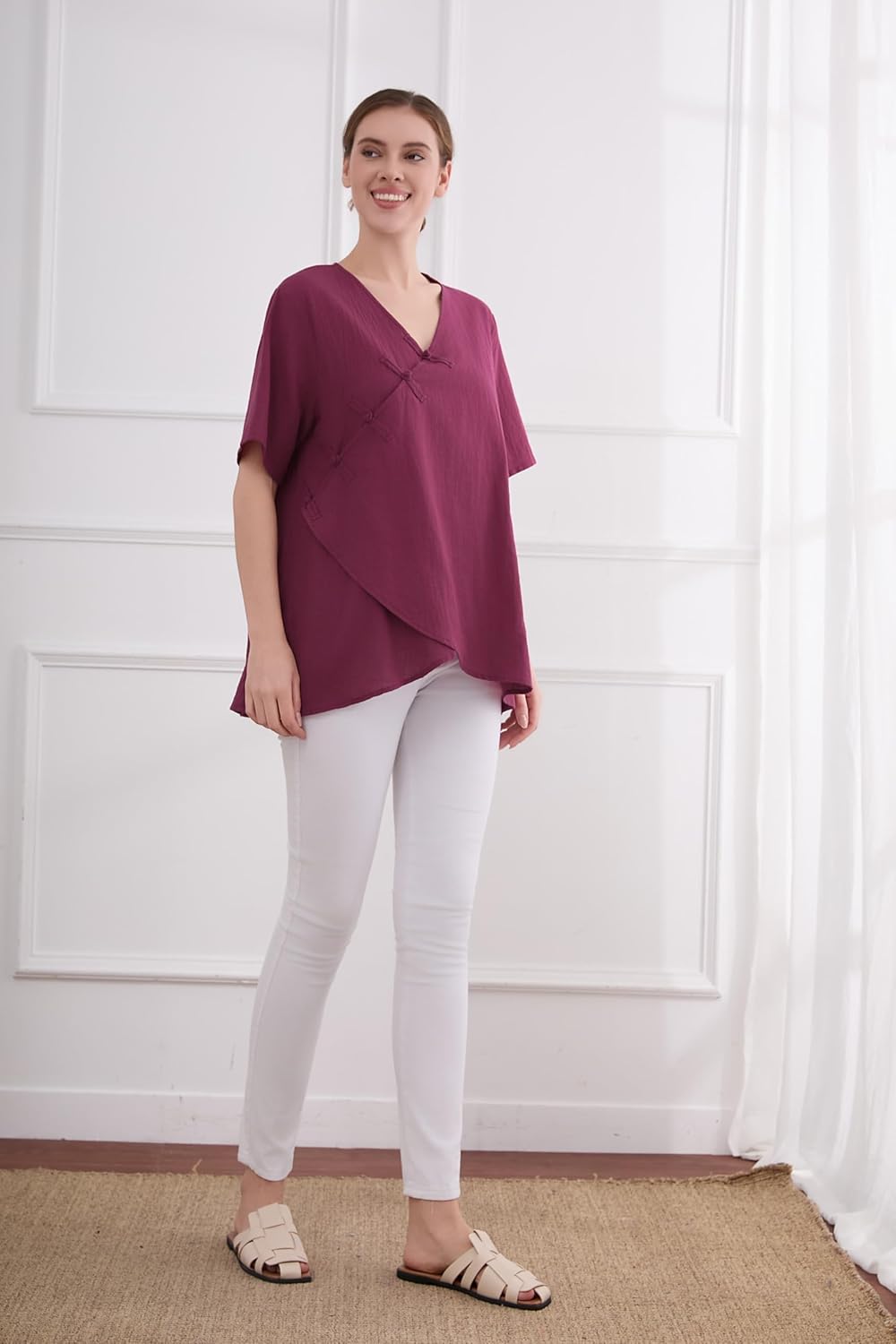 Minibee Women's Linen Retro Chinese Frog Button Tops Blouse - Image 6