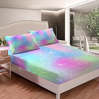 Kids Tie Dye Fitted Sheet Twin Girls Rainbow Bedding Set Starry Sky Blue Purple Sheet Set For Kids Women Teens Bedroom Ombre Gradient Girly Bed Set 2 Pieces With 1 Pillow Case(No Top Sheet)