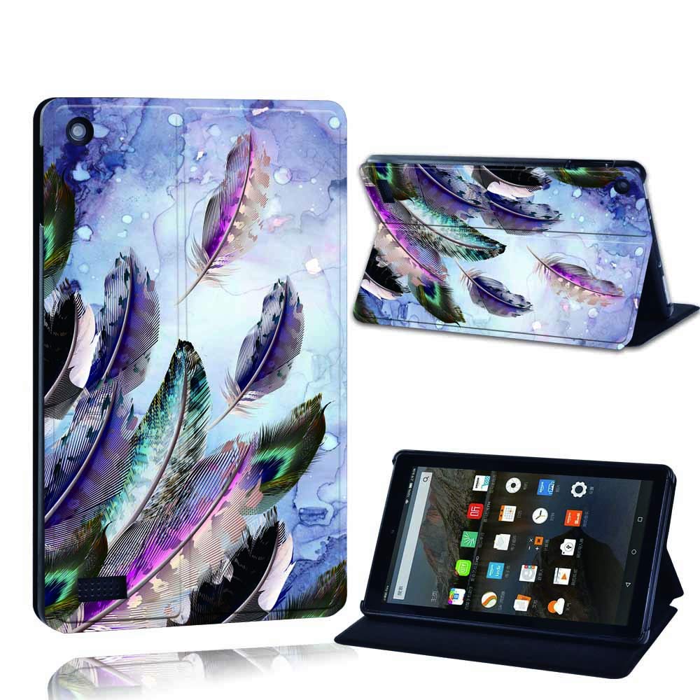 FINDING CASE Fit Amazon Fire 7 (9th Gen 2019) alexa Leather Cover - PU Flip Leather Smart Lightweight Shell Stand Cover Case for Amazon Fire 7 (9th Gen 2019) alexa (purple feather)