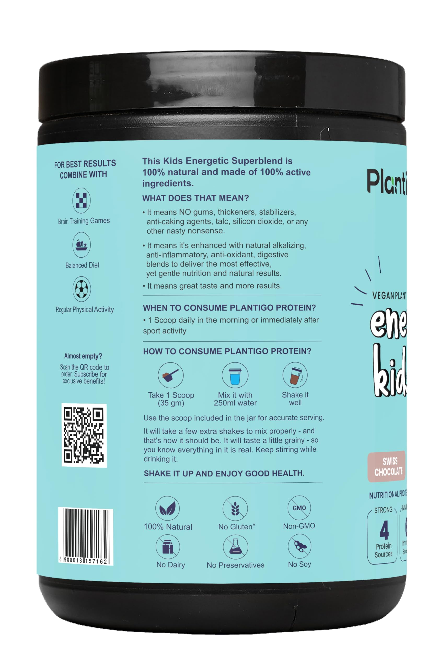 Plantigo Kids Protein 14g, 11 Vitamins, 8 Minerals, Nutrition Supplement | Muscle, Bone Growth & Brain Health | Protein Powder for Kids 10+ years | Swiss Chocolate Flavor - 500g + Shaker, 600ml 1