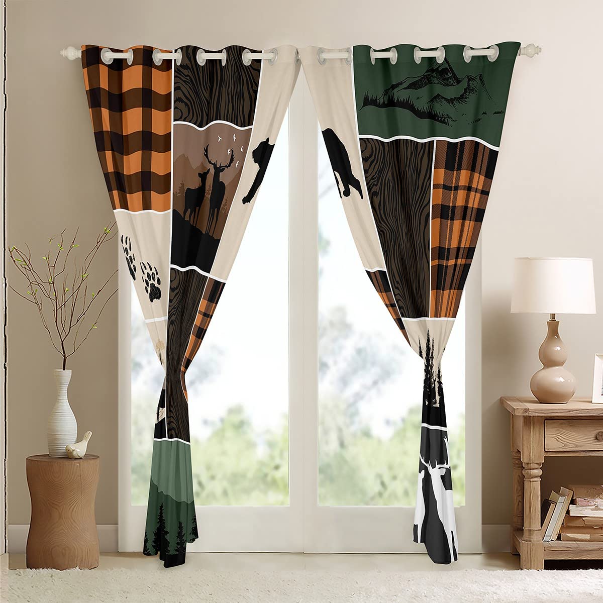 Rideaux Occultants Rétro Pour Fenêtre De Cabane Rustique, Motif Patchwork, 106,7 X 160 Cm (l X L), Motif Ours Chasseur, Cerf, Faune, Campagnard Occidental, Pour Enfants, Garçons, Adolescents
