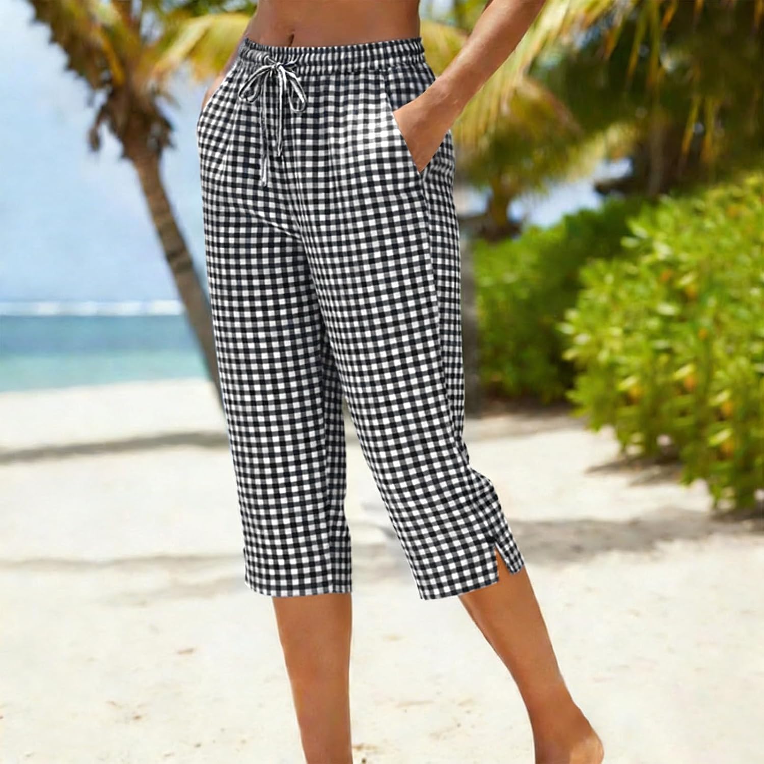 Loose Wide Leg Gingham Palazzo Harem Pants, Relaxed Boho Trousers for Womens Spring and Summer Beach Occasions
