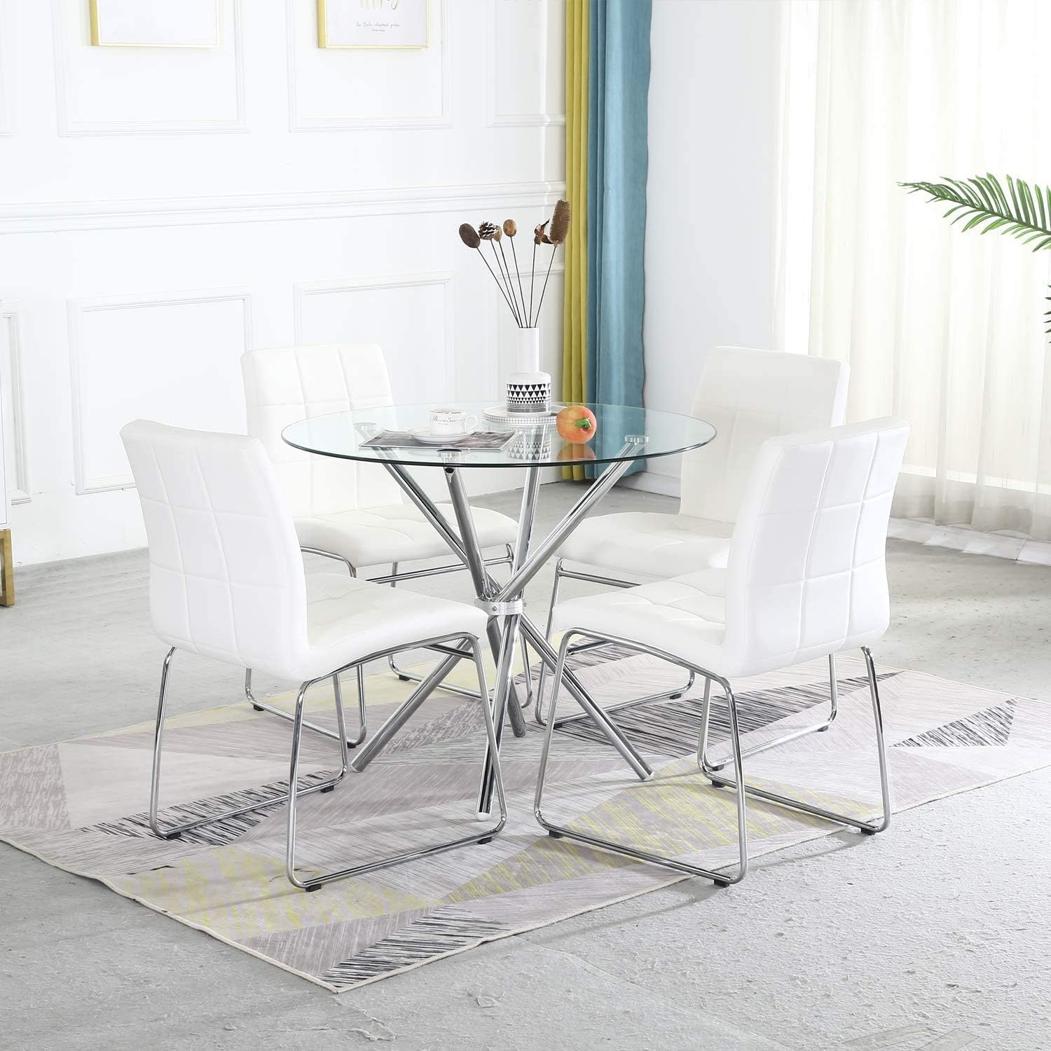 Buy Stylifing Dining Table And Chairs Set Round Clear Glass Top With Chrome Metal Legs Kitchen Table And 4 Sled Based White Faux Leather Chairs Dining Set Online In Indonesia B08bnhv1ck Buy Stylifing Dining Table And Chairs Set Round Clear Glass Top With Chrome Metal Legs Kitchen Table And 4 Sled Based White Faux Leather Chairs Dining Set Online In Indonesia B08bnhv1ck