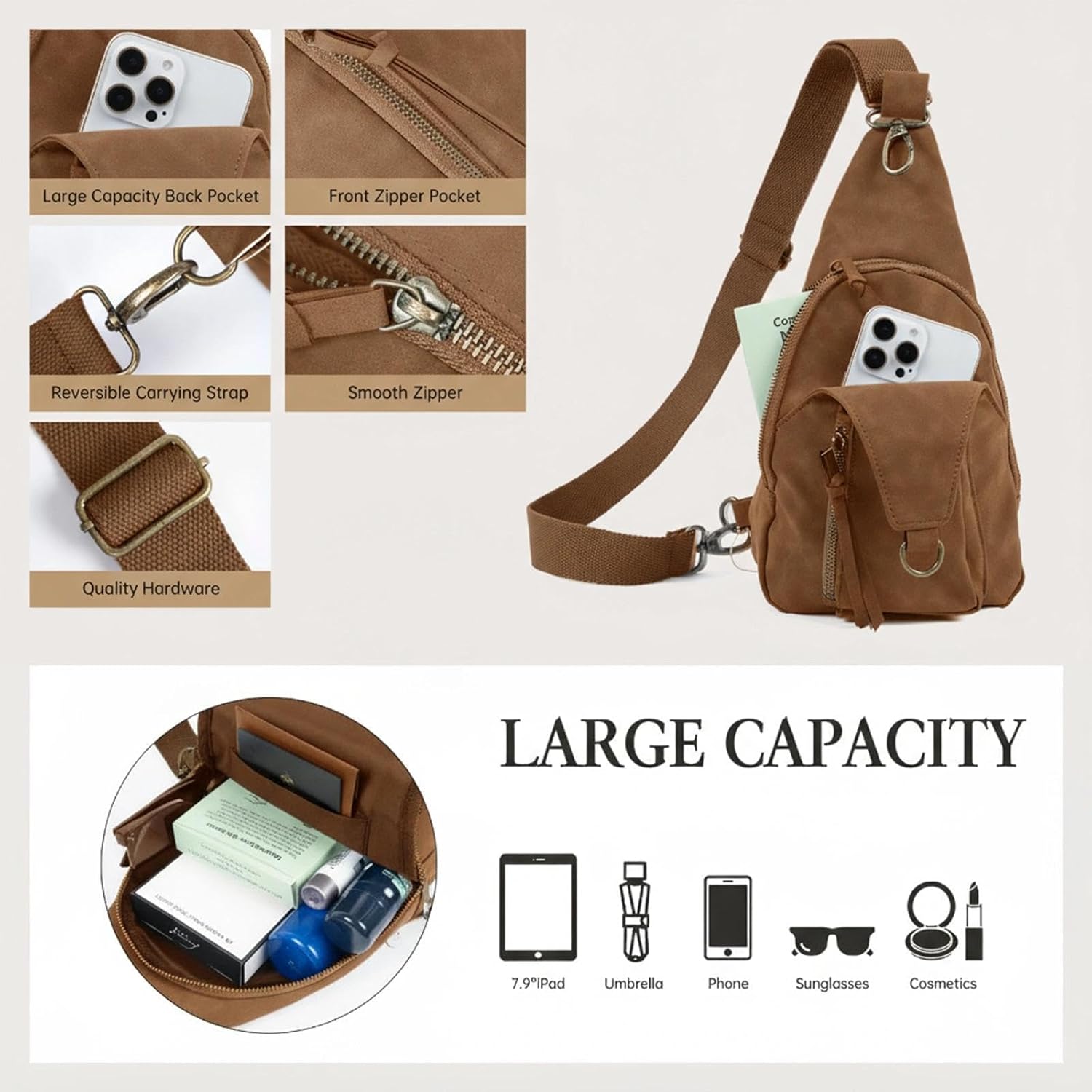 FaroDor Women Small Crossbody Sling Bags PU Leather Suede Chest Bag Lightweight Small Backpack for Casual Traveling Multi-Pocket Packs (Brown) - Image 3