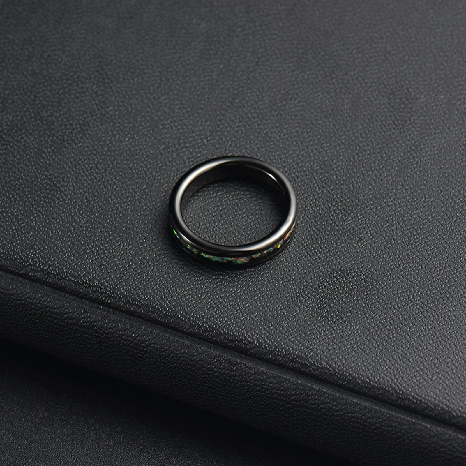 Gualiy Anillo de boda de acero inoxidable, ajuste cómodo, anillos de compromiso, anillos de matrimonio de 4 mm, anillo negro incrustado de concha colorida para mujeres L 1/2 + hombres P 1/2, Women L