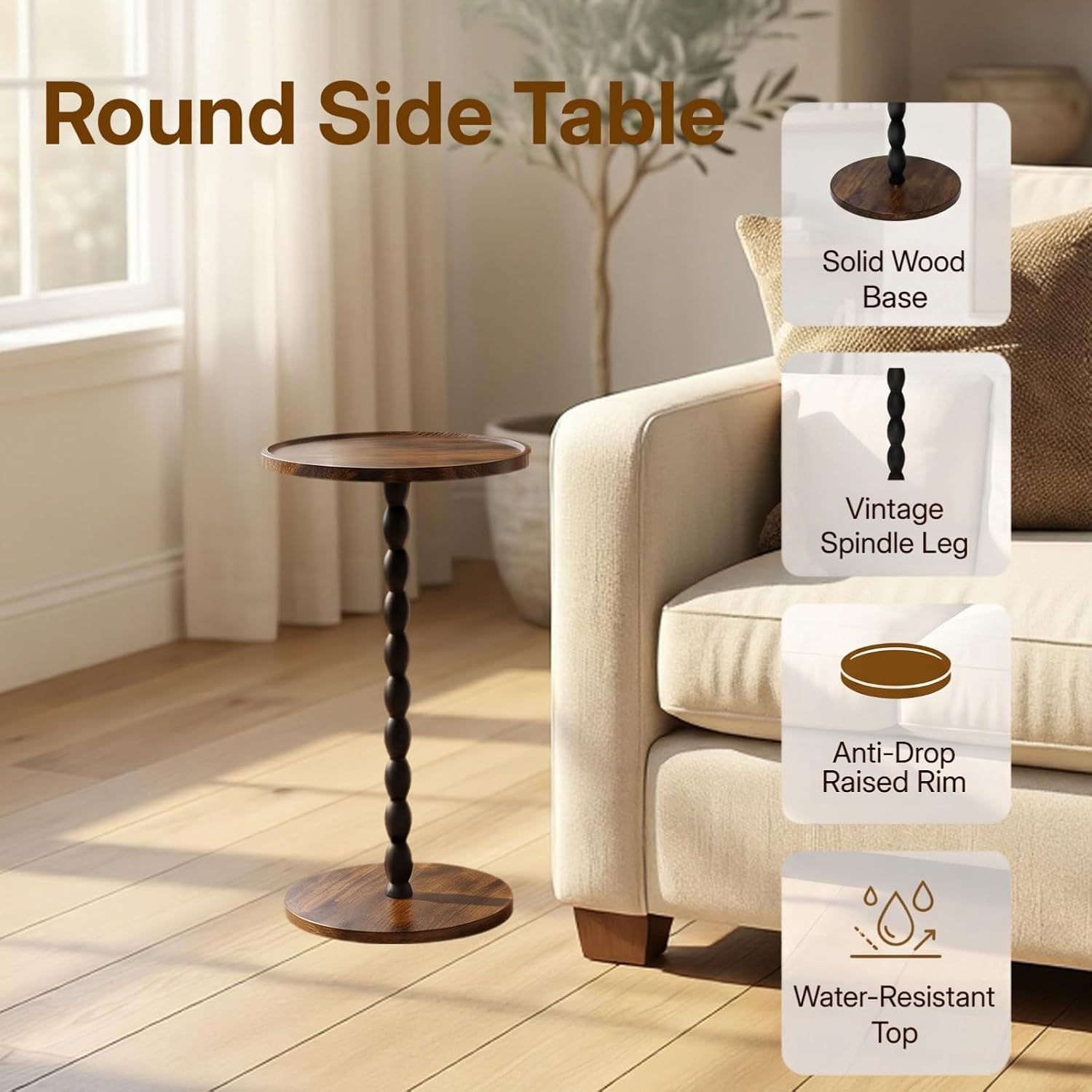 Small Side Table, Mid-Century Modern Drink Table with Raised Edge (Anti-Drop), Wooden End Table for Living Room, Bedroom Nightstand, Corner Table for Small Spaces