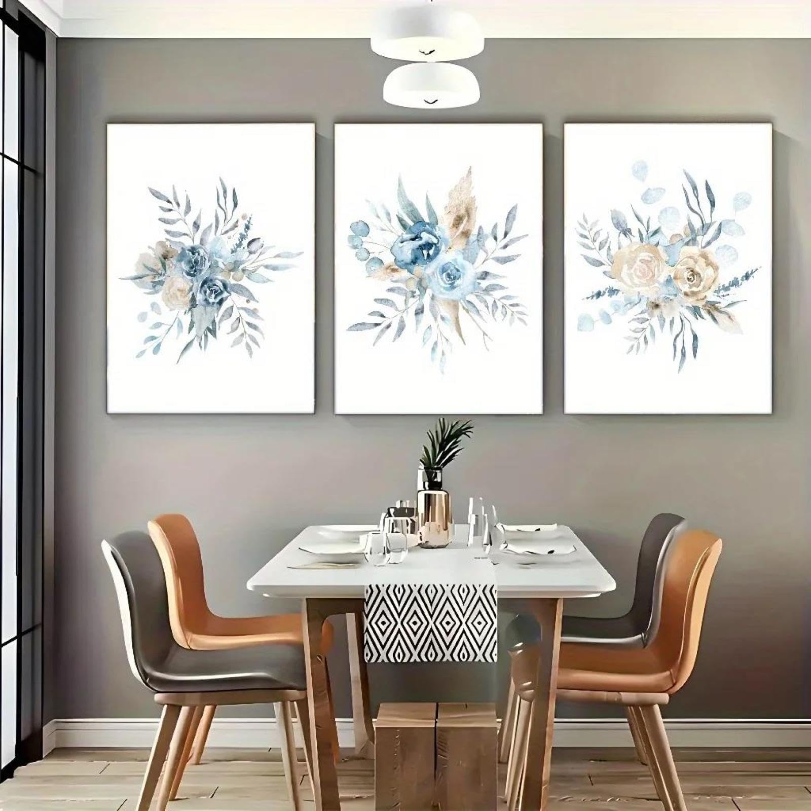 Yocheng 3pcs Blue Floral Canvas Wall Art Prints With S –Watercolor Bouquet Design For Living Room, Bedroom 50x70cmx3 No Frame