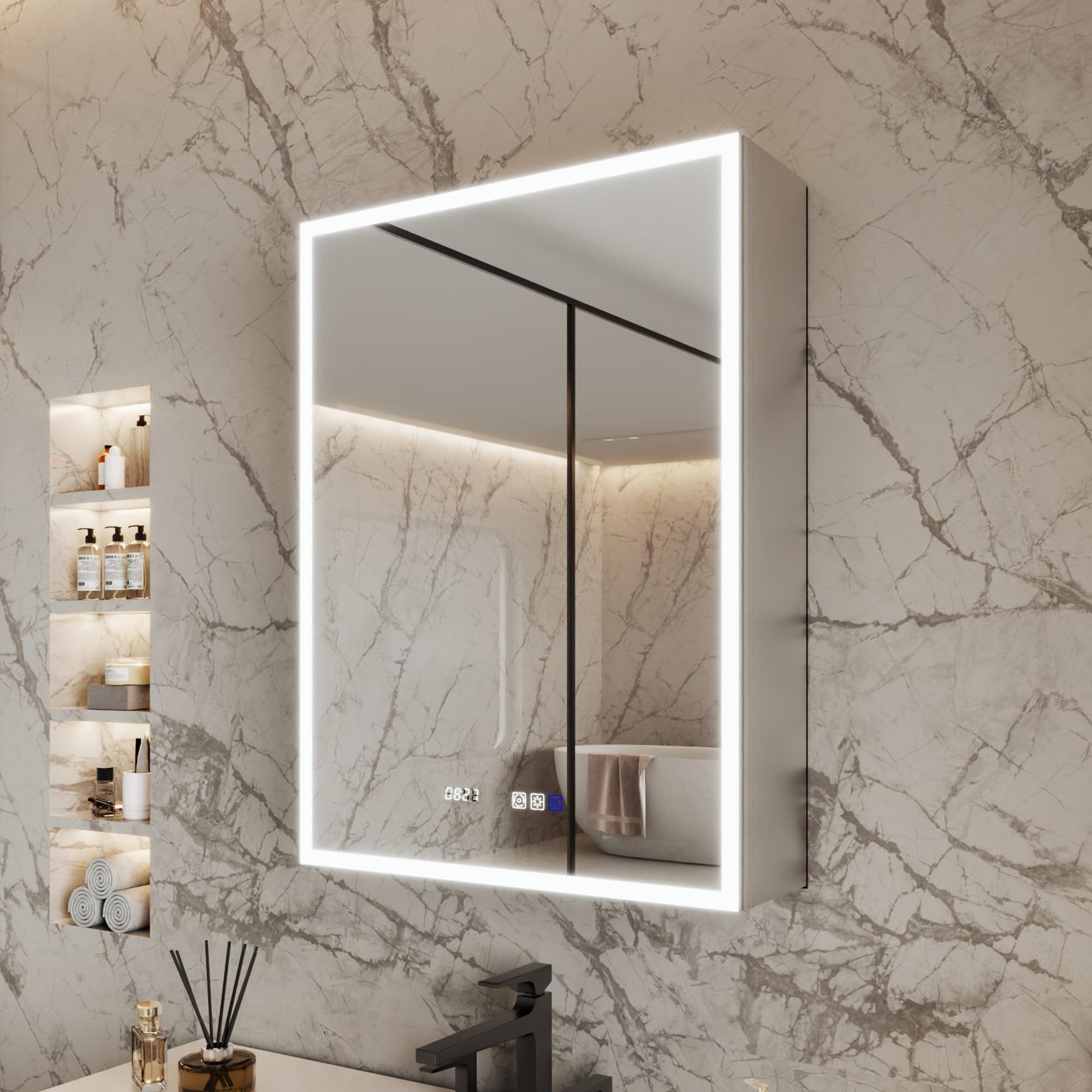 ComfyStyle 24x32 Inch Lighted Medicine Cabinet, Recessed or Surface LED Medicine Cabinet with Clock & Temperature Display, Anti-Fog, 3-Color Dimmable